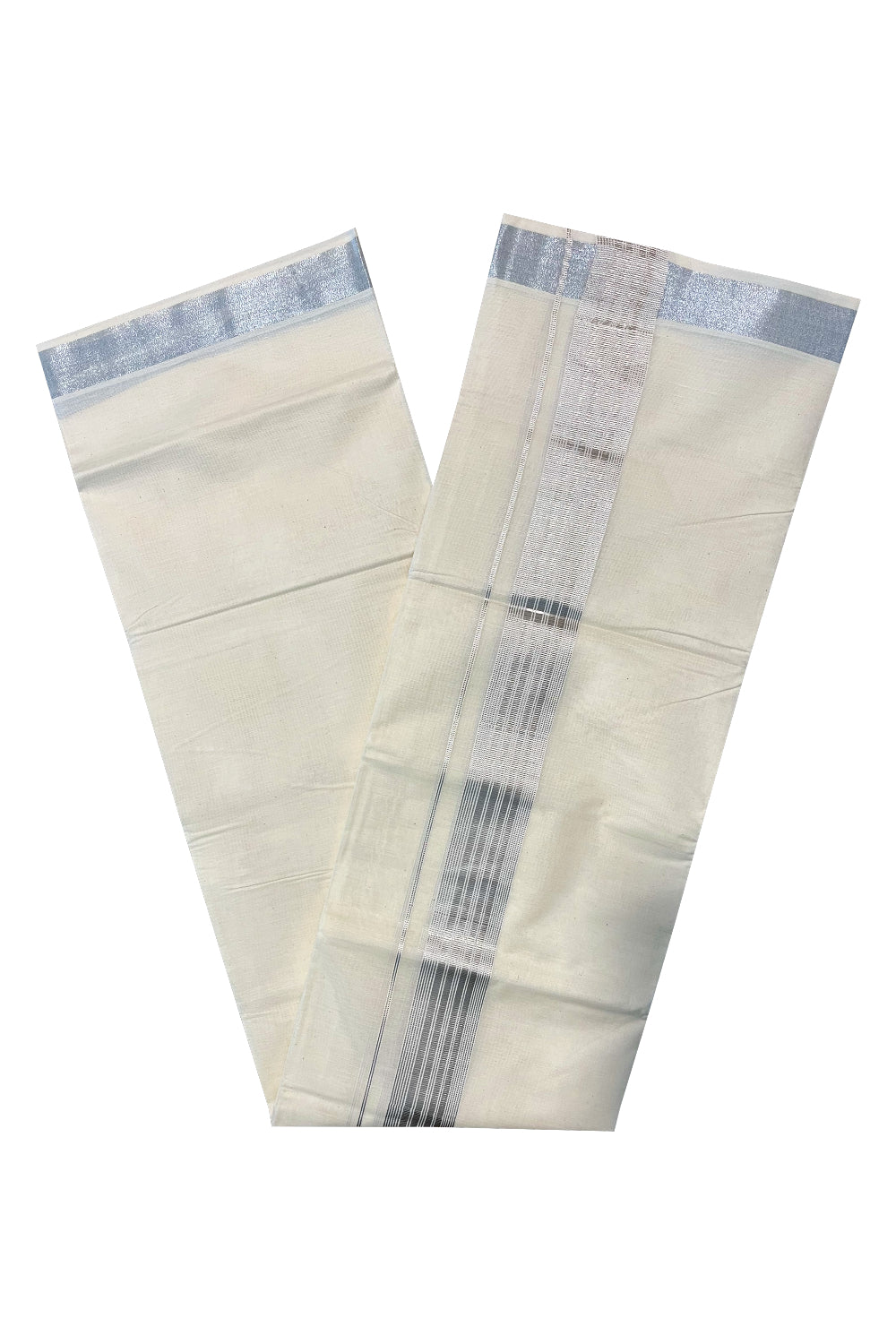 Pure Cotton Off White Mundu with Silver Kasavu Lines Kara (South Indian Kerala Dhoti)