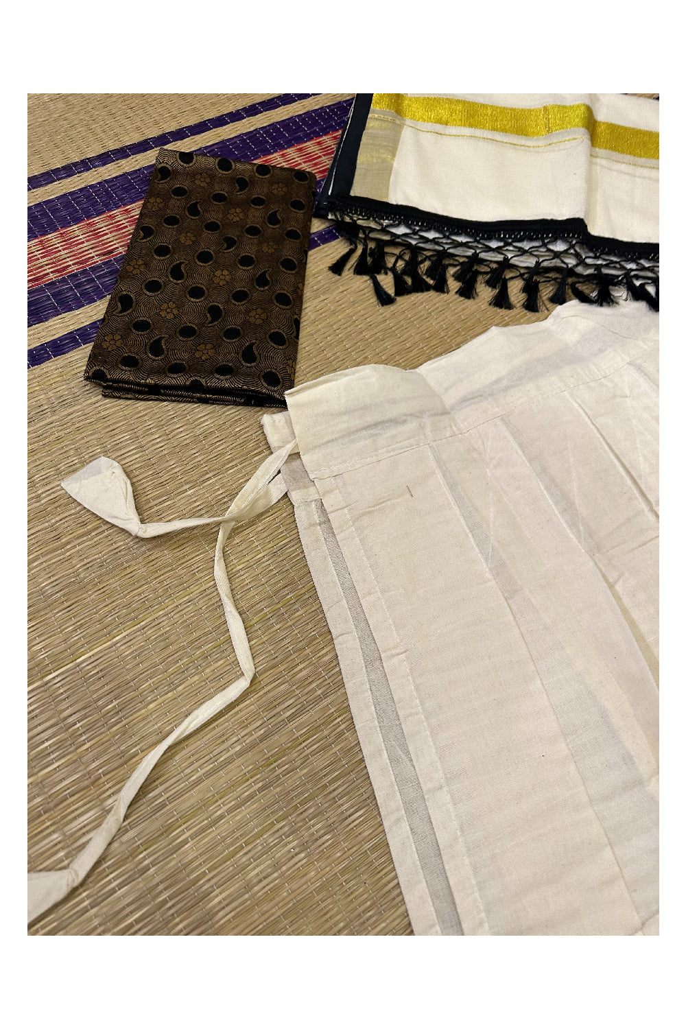 Semi Stitched Dhavani Set with Cotton Pavada and Black Brown Woven Work Blouse Piece