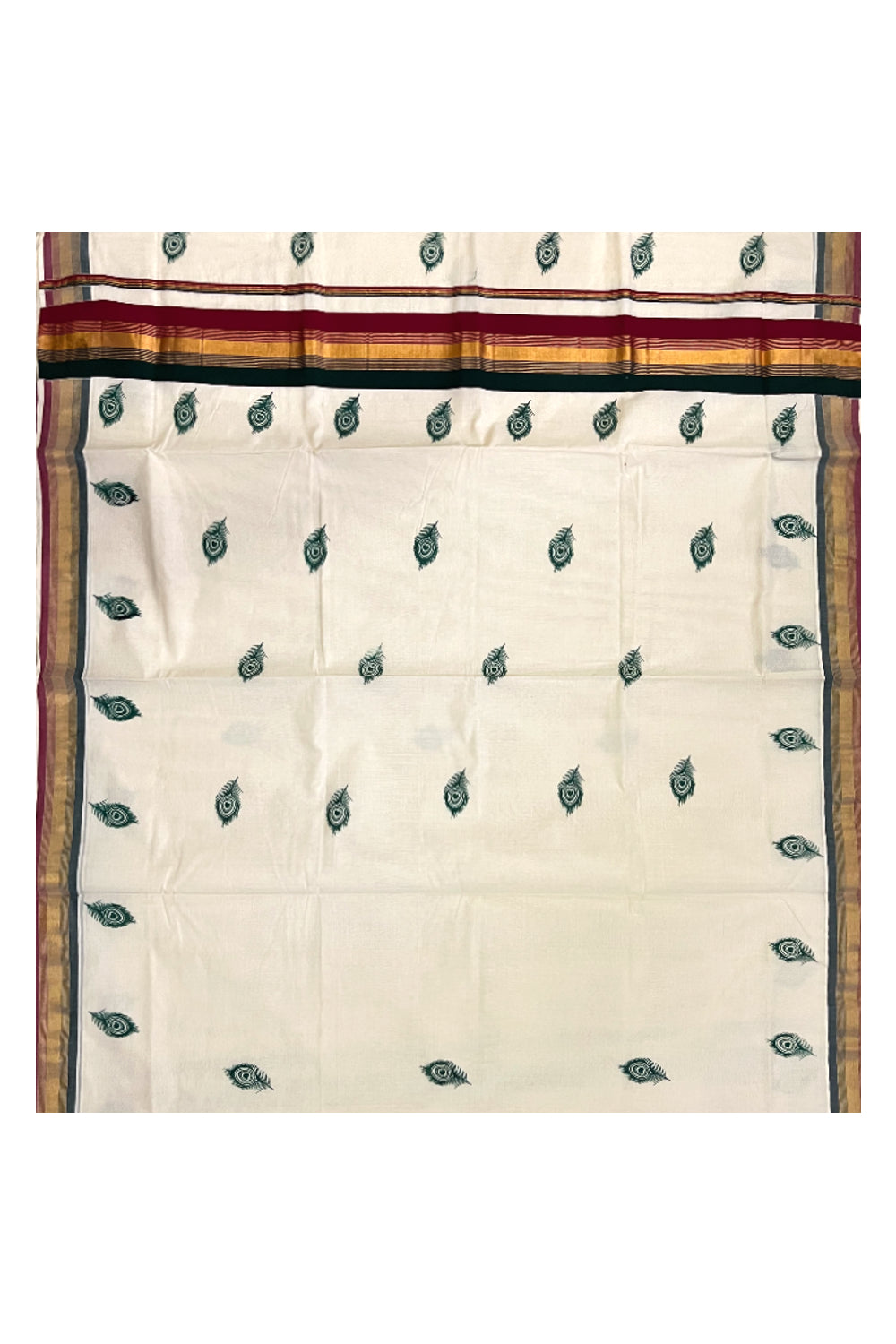 Pure Cotton Kerala Kasavu Saree with Feather Block Printed Maroon Green Border