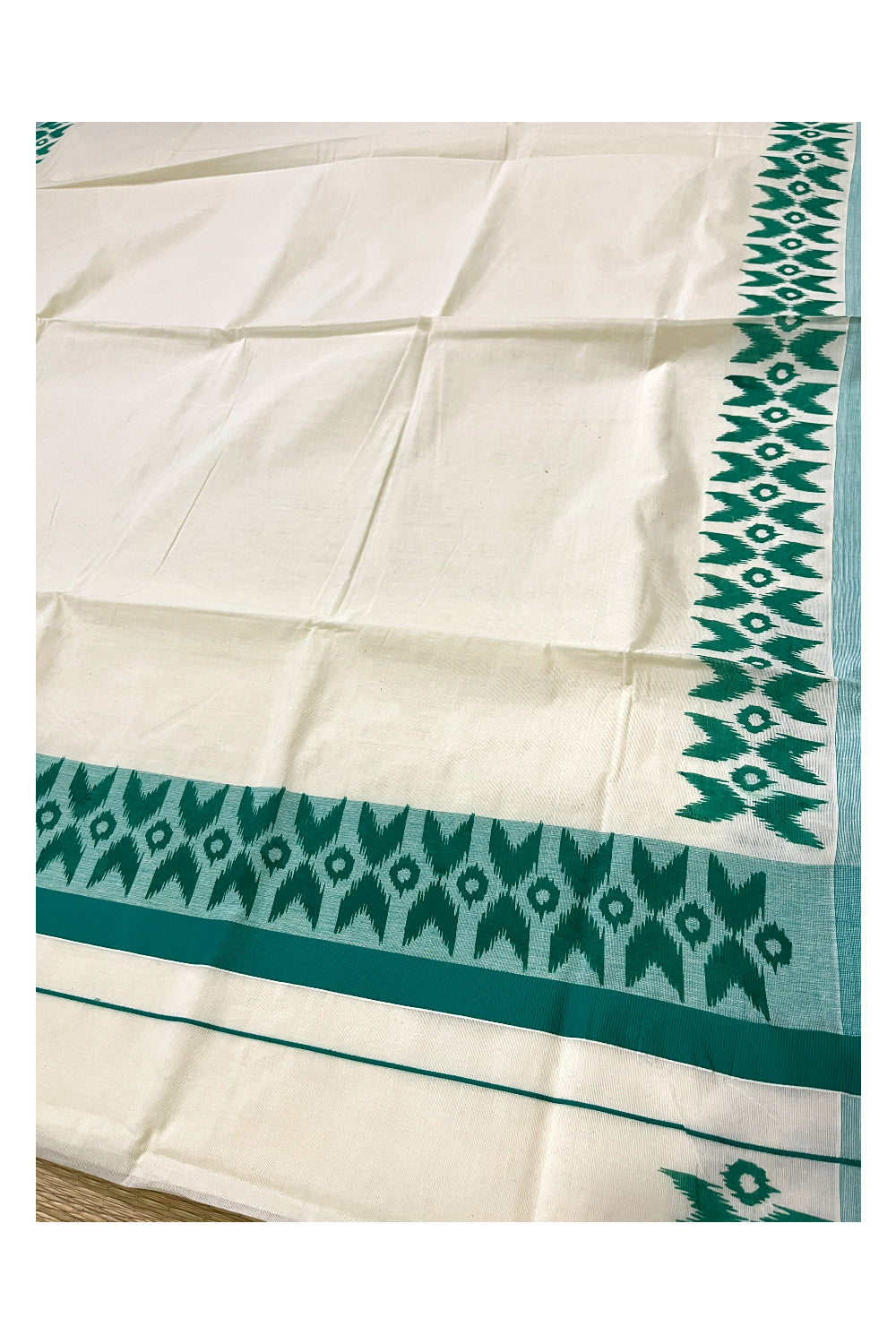 Pure Cotton Kerala Saree with Green Block Printed Border