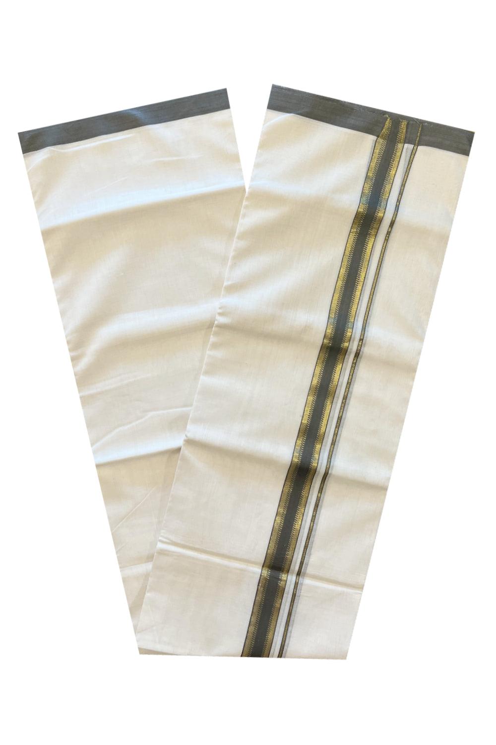 Southloom Premium Handloom Cotton Double Mundu with Kasavu And Grey Border