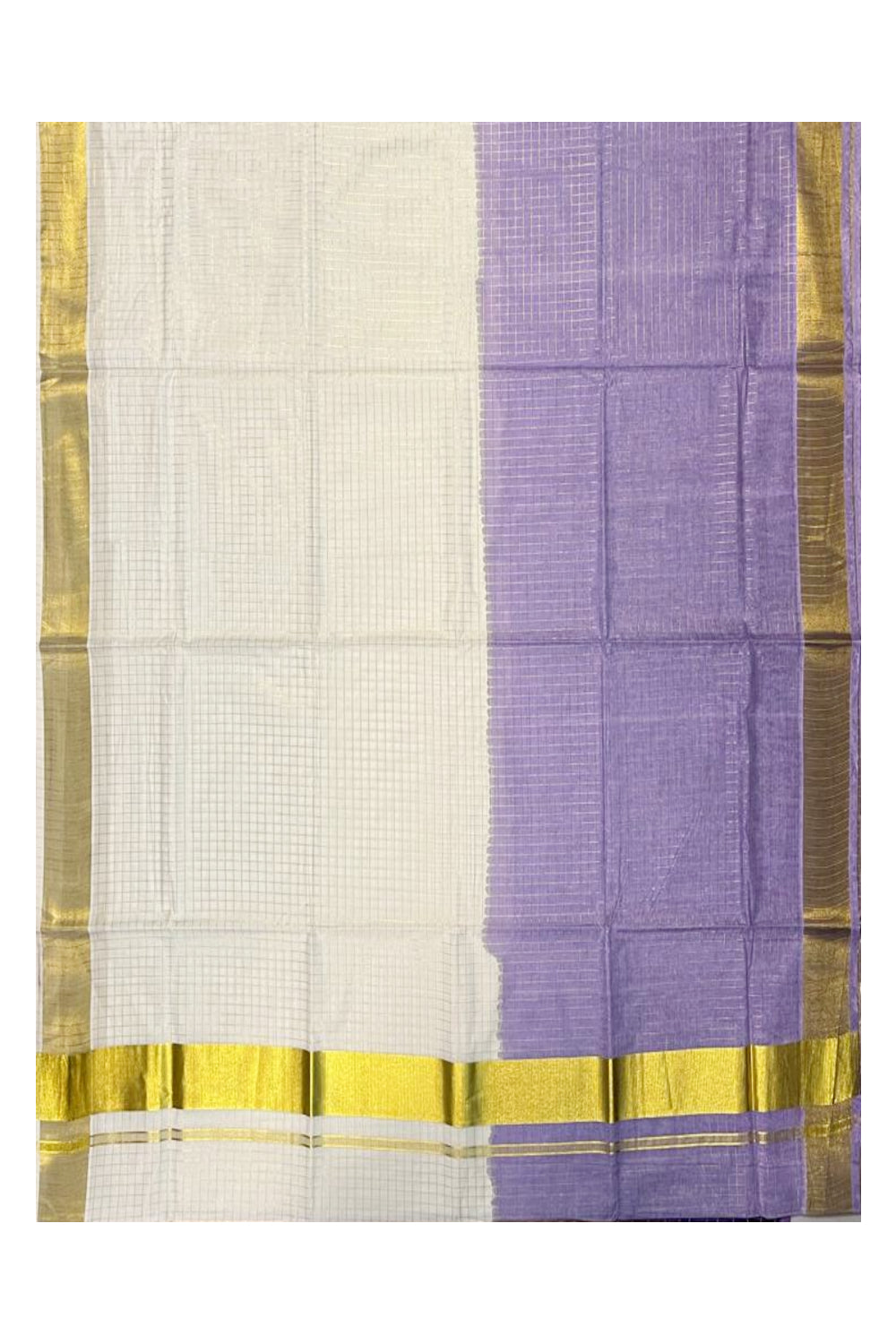 Southloom Cotton Tie & Dye - Half & Half Violet Design Saree with Kasavu Checks Across Body