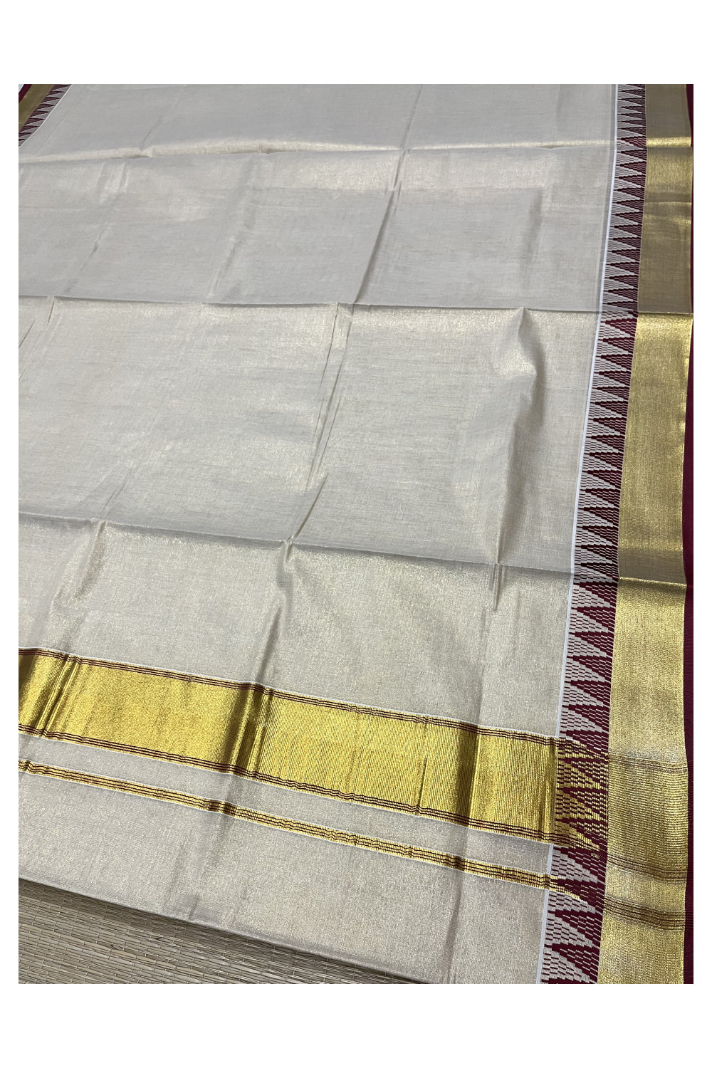 Kerala Tissue Saree with Kasavu and Maroon Temple Woven Designs on Border (Vishu 2024 Collection)