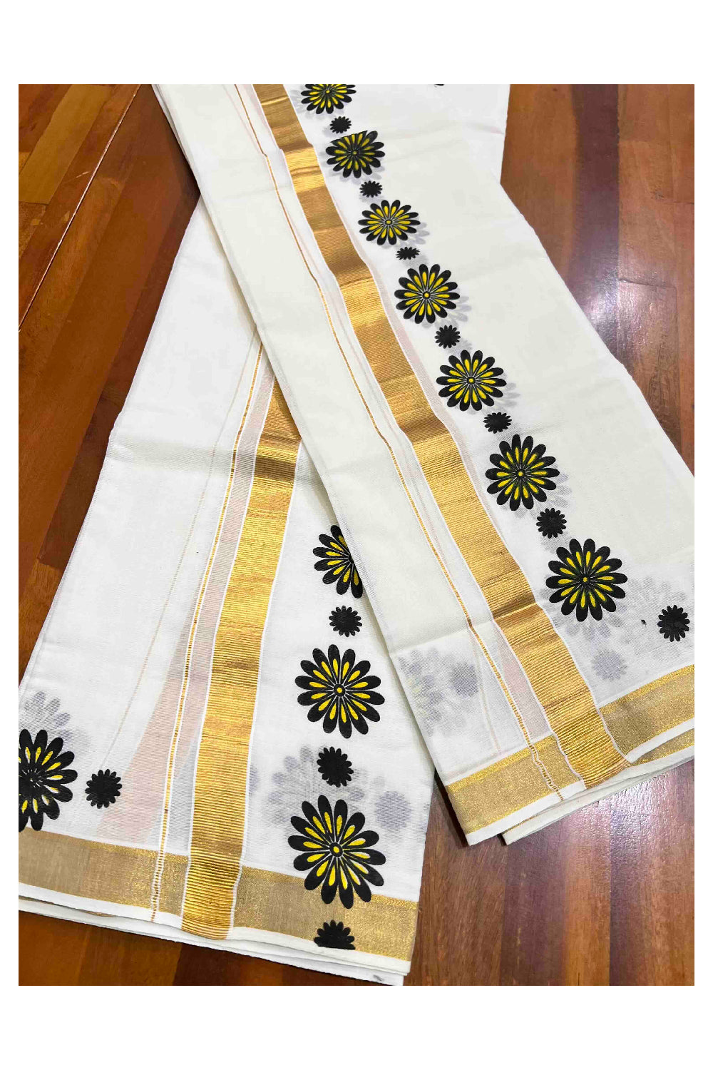 Kerala Cotton Set Mundu (Mundum Neriyathum) with Black Yellow Floral Prints on Kasavu Border