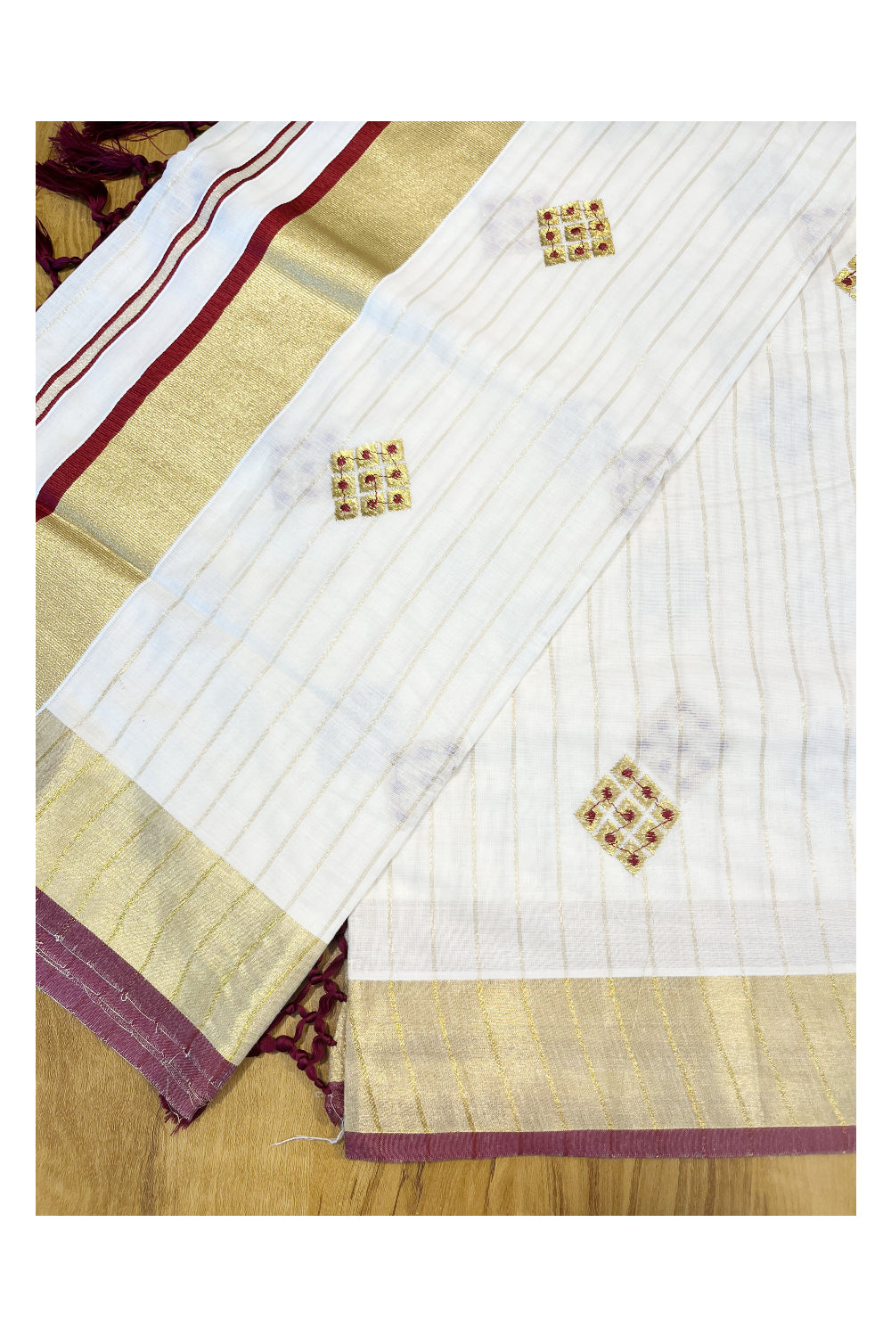 Kerala Cotton Kasavu Stripes Saree with Maroon Floral Embroidery Design on Body