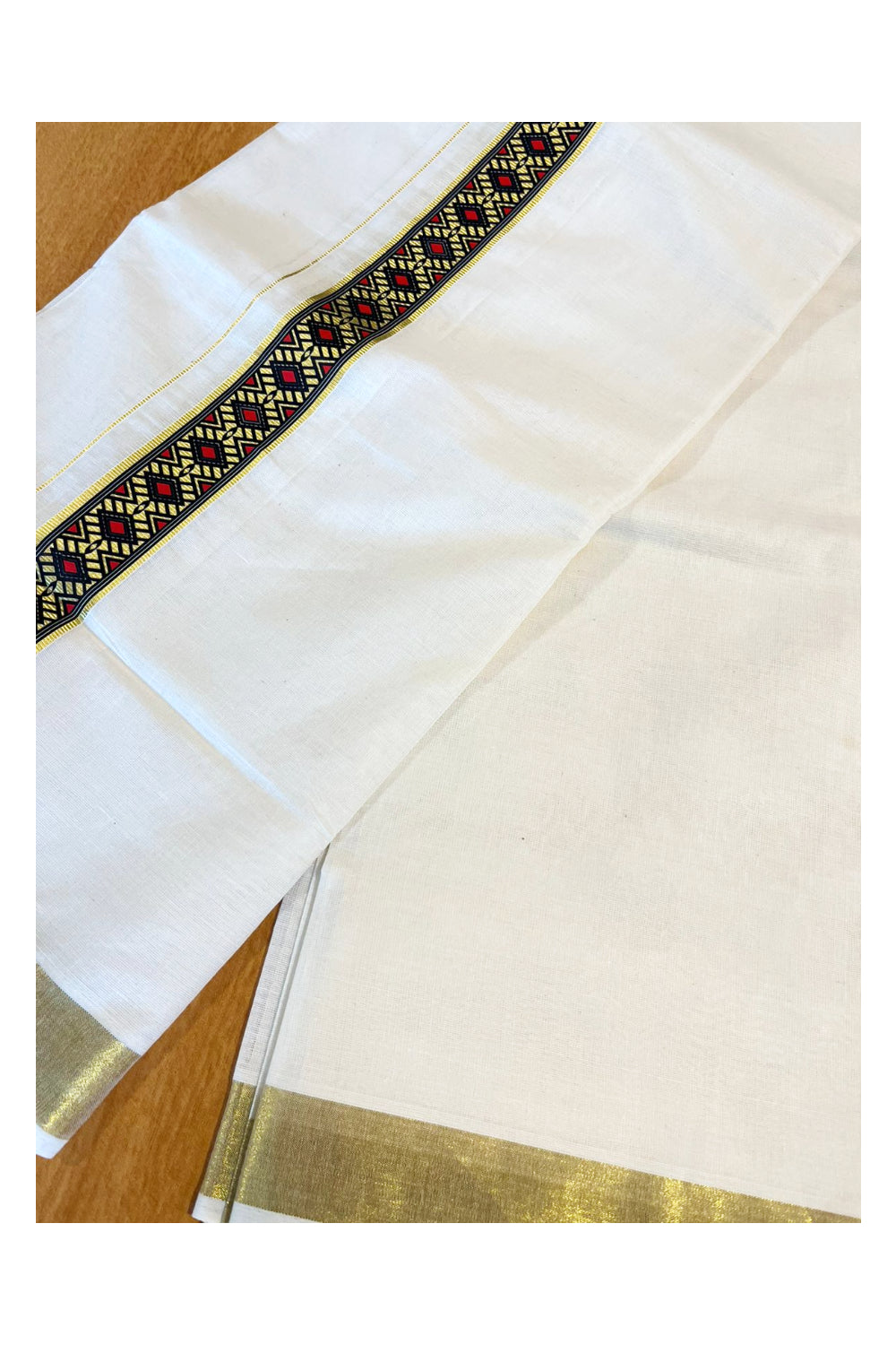 Southloom Kasavu Double Mundu with Prints on Kasavu Kara