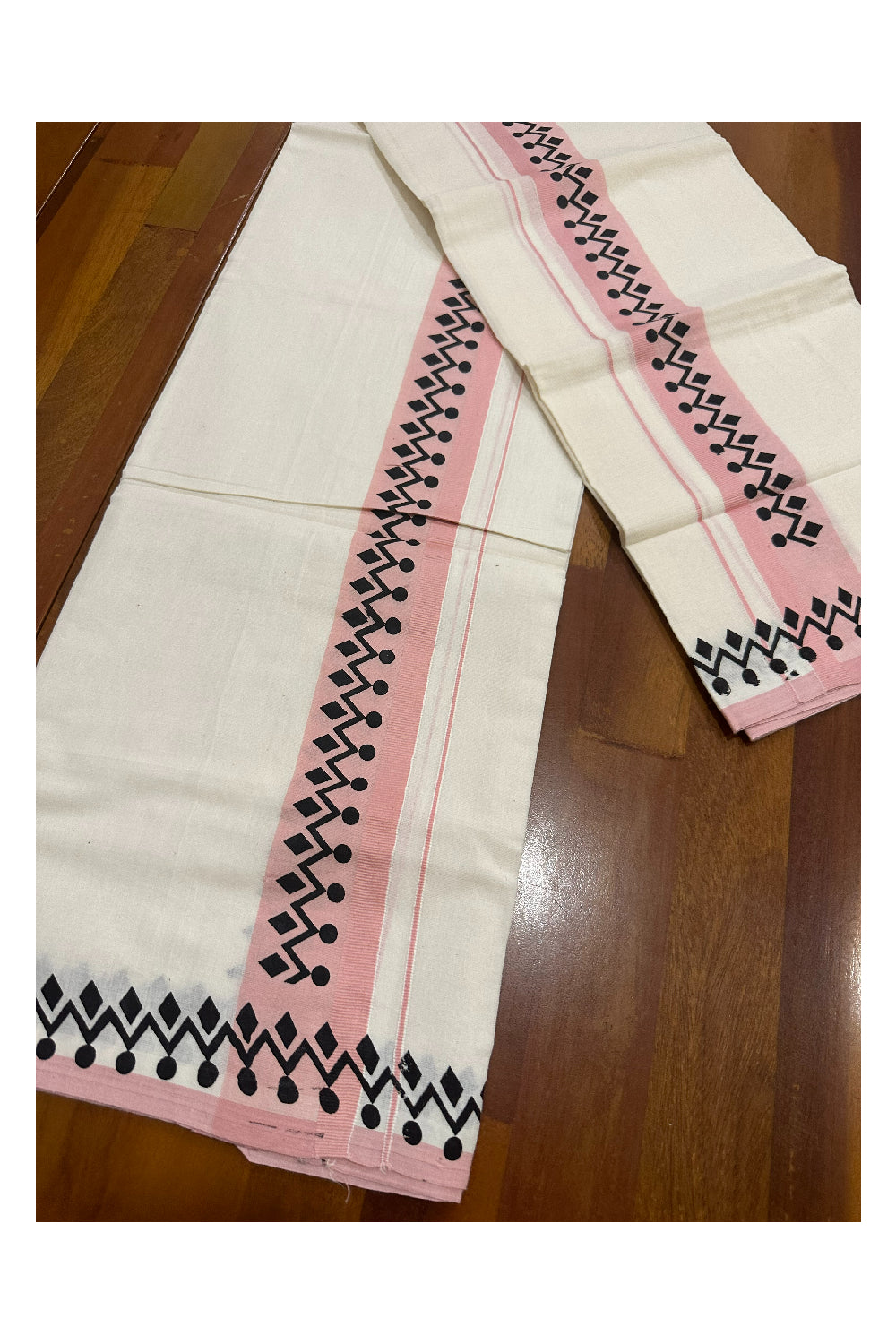 Kerala Cotton Set Mundu (Mundum Neriyathum) with Block Prints on Peach Border (Onam Set Mundu 2023)