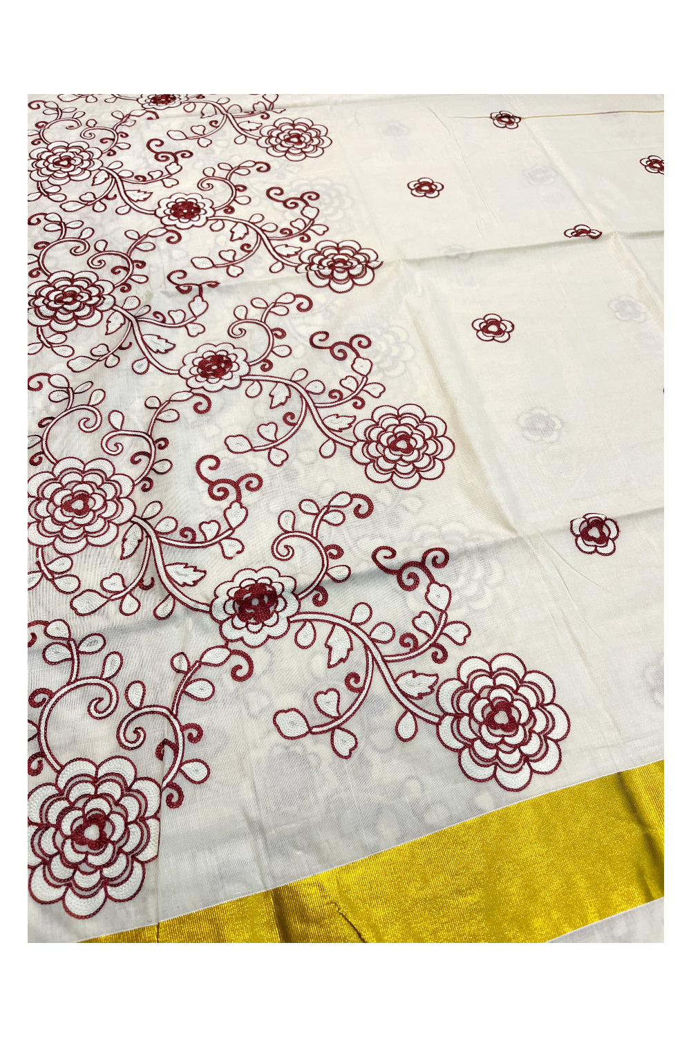 Southloom Kerala Cotton Kasavu Saree with Maroon And White Floral Embroidery Designs