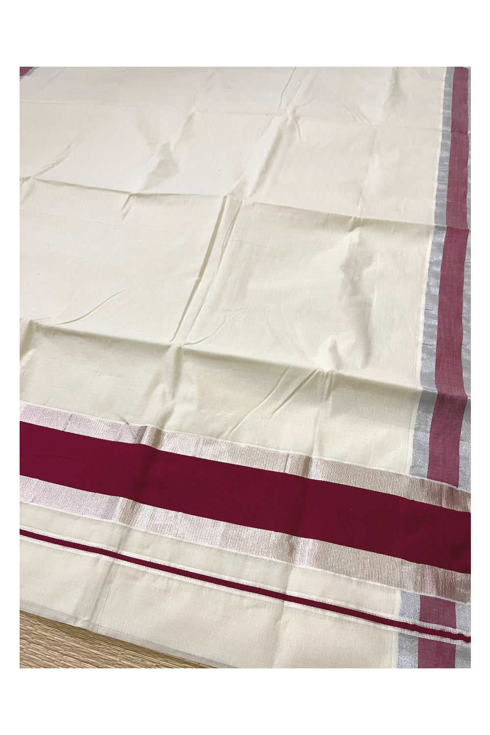 Pure Cotton Kerala Saree with Maroon and Silver Kasavu Border