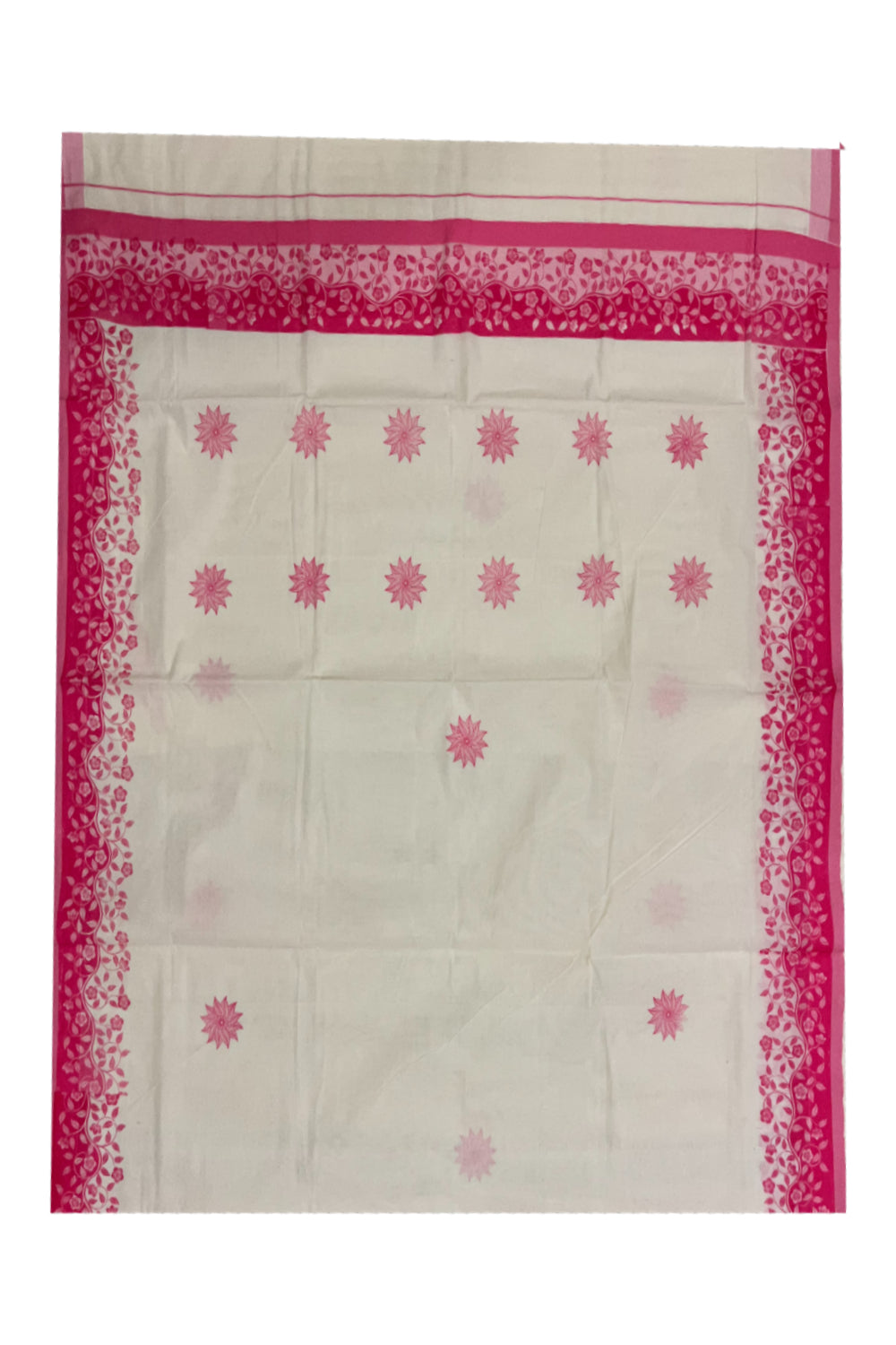 Kerala Cotton Saree with Pink Floral Block Prints on Border