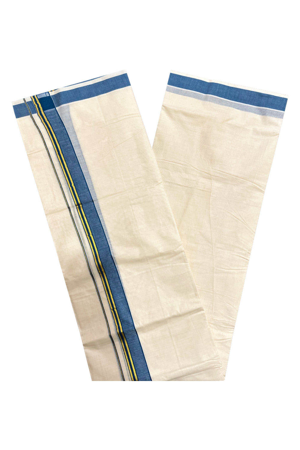 Kerala Cotton Double Mundu with Blue and Kasavu Border (Onam Mundu 2023)