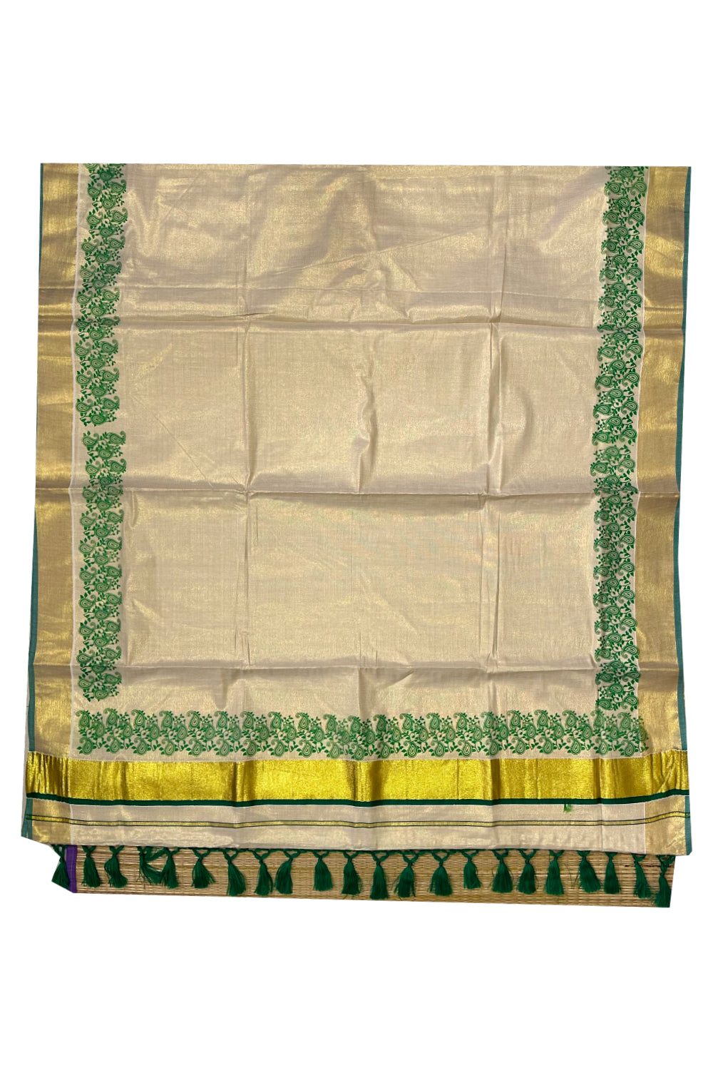 Kerala Tissue Kasavu Saree with Light Green Paisley Block Prints and Tassels Works on Pallu (Onam Saree 2023)