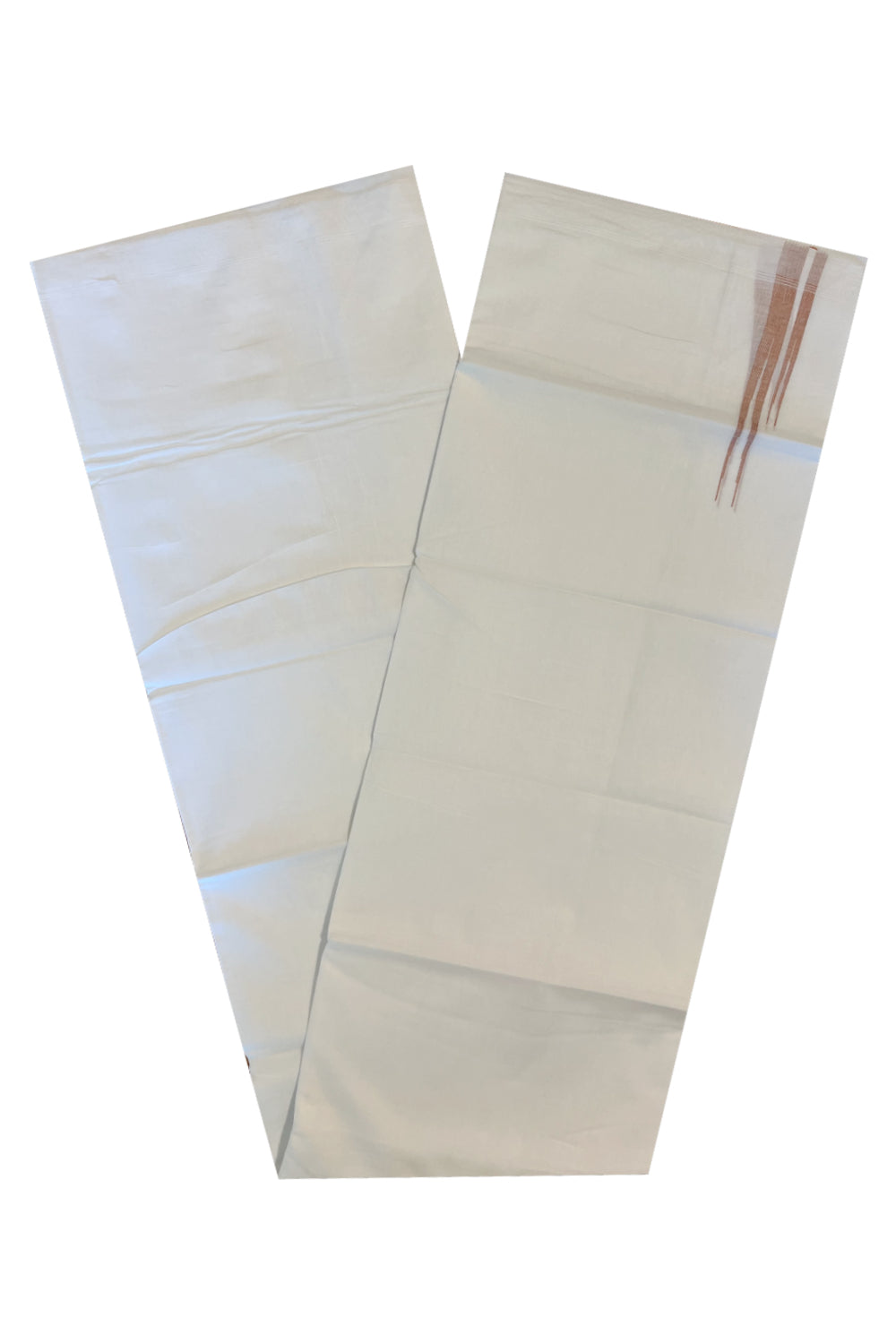 Pure White Cotton Double Mundu with Orange Chutti Kara (South Indian Kerala Dhoti)