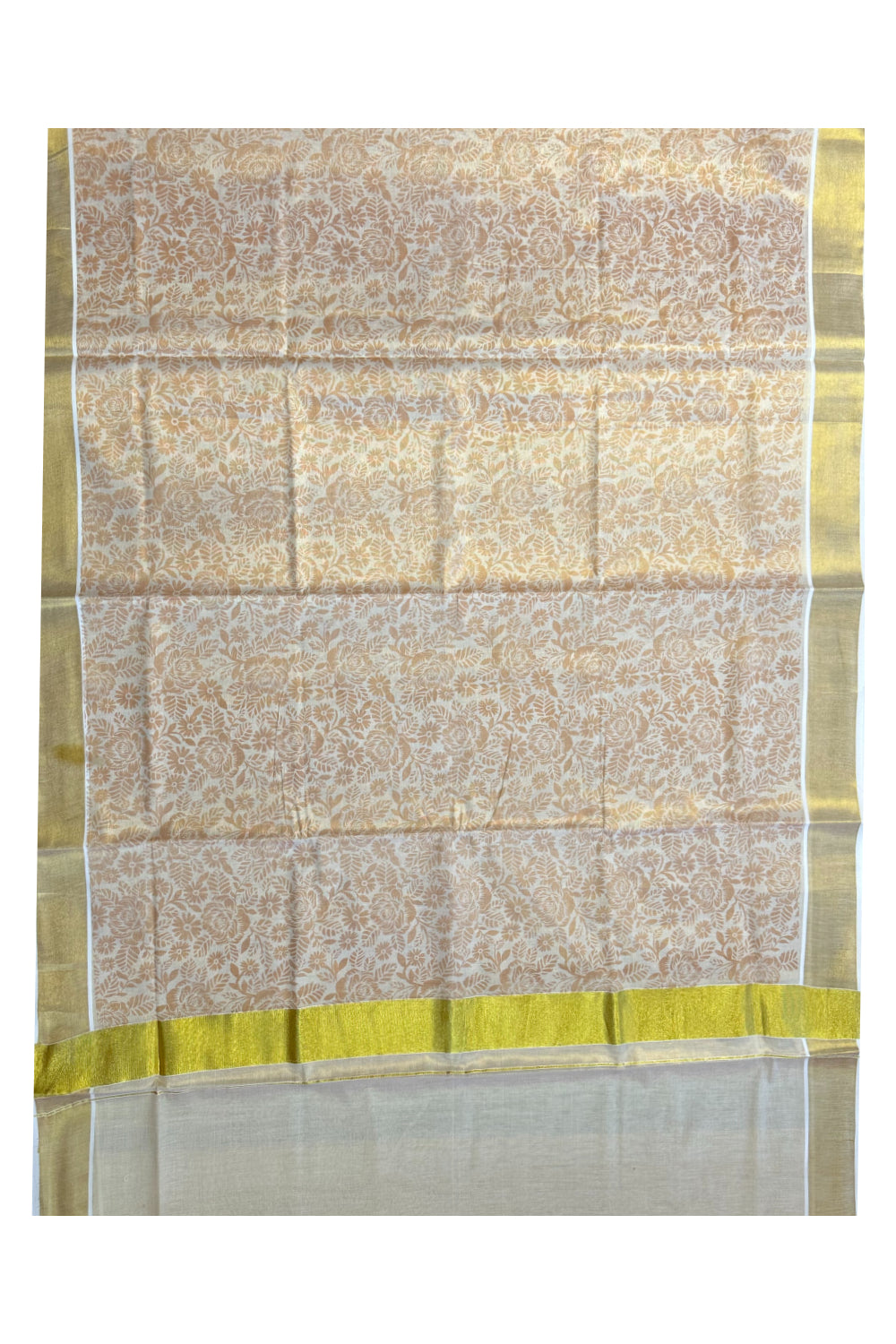 Kerala Tissue Kasavu Saree with Brown Block Printed Designs