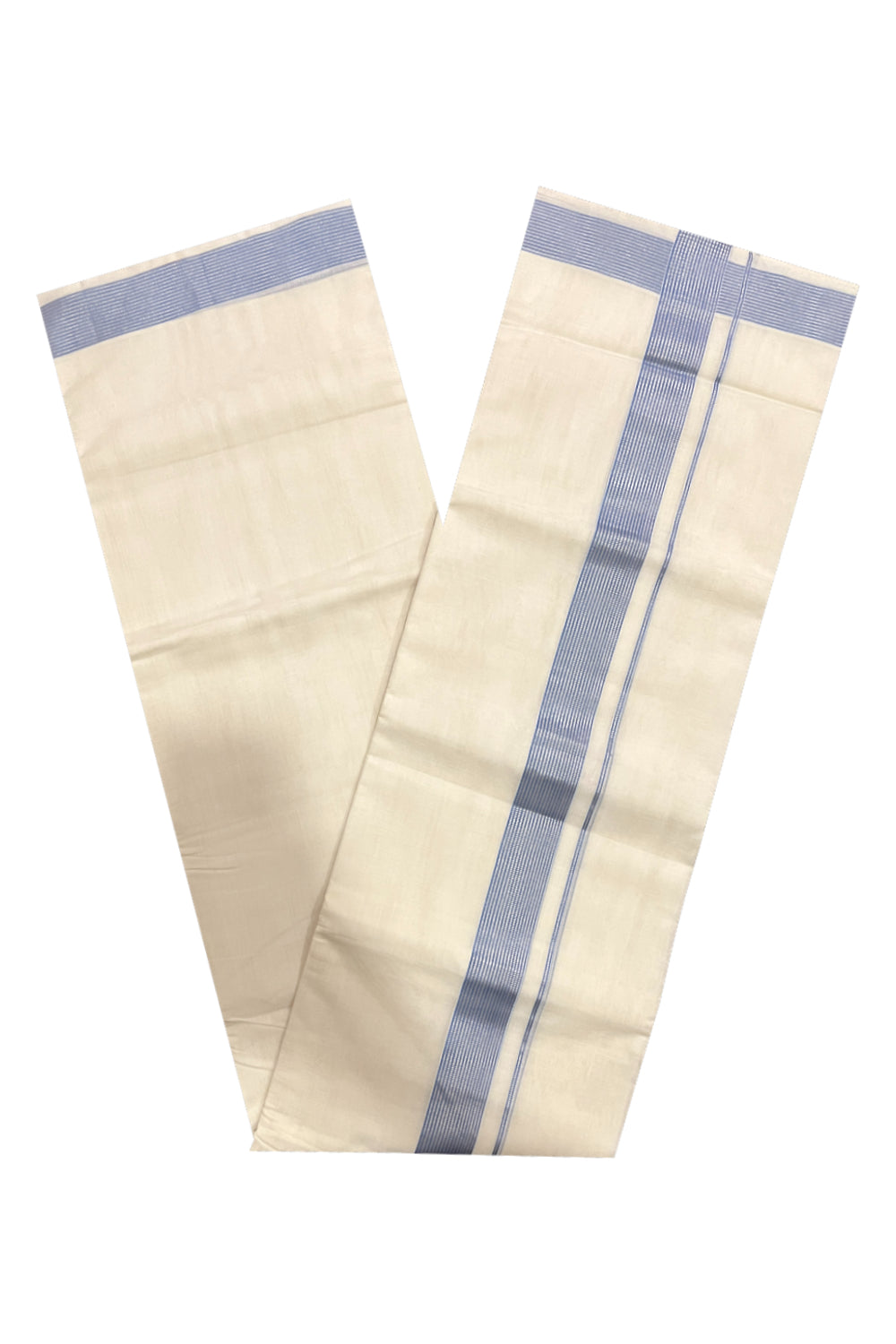 Southloom Premium Handloom Cotton Double Mundu with Silver Kasavu and Blue Lines Border (South Indian Kerala Dhoti)