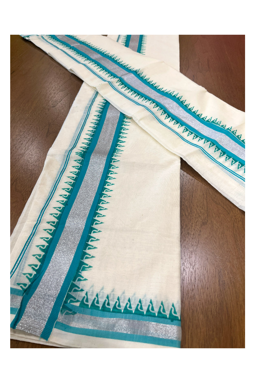 Cotton Single Set Mundu (Mundu Neriyathum) with Turquoise Temple Block Prints and Silver Kasavu Border