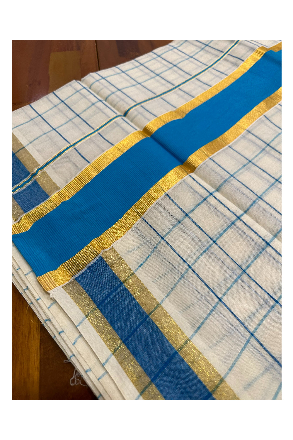 Kerala Woven Check Design Saree with Kasavu and Blue Border (Onam Saree 2023)