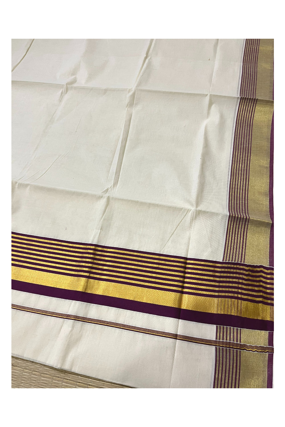 Kerala Pure Cotton Saree with Kasavu and Purple Border