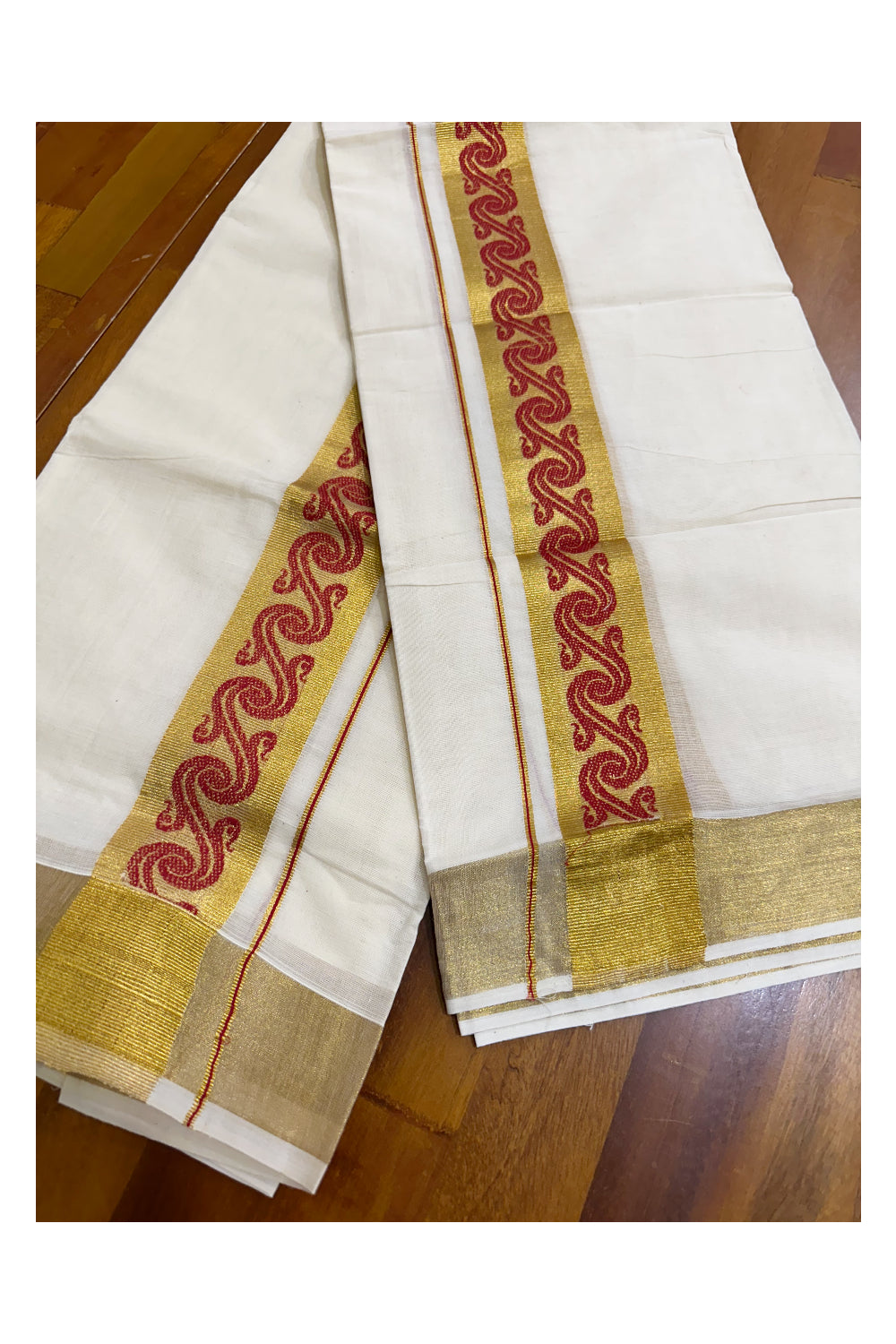 Kerala Pure Cotton Single Set Mundu (Mundum Neriyathum) with Red Block Prints on Kasavu Border-2.80Mtrs