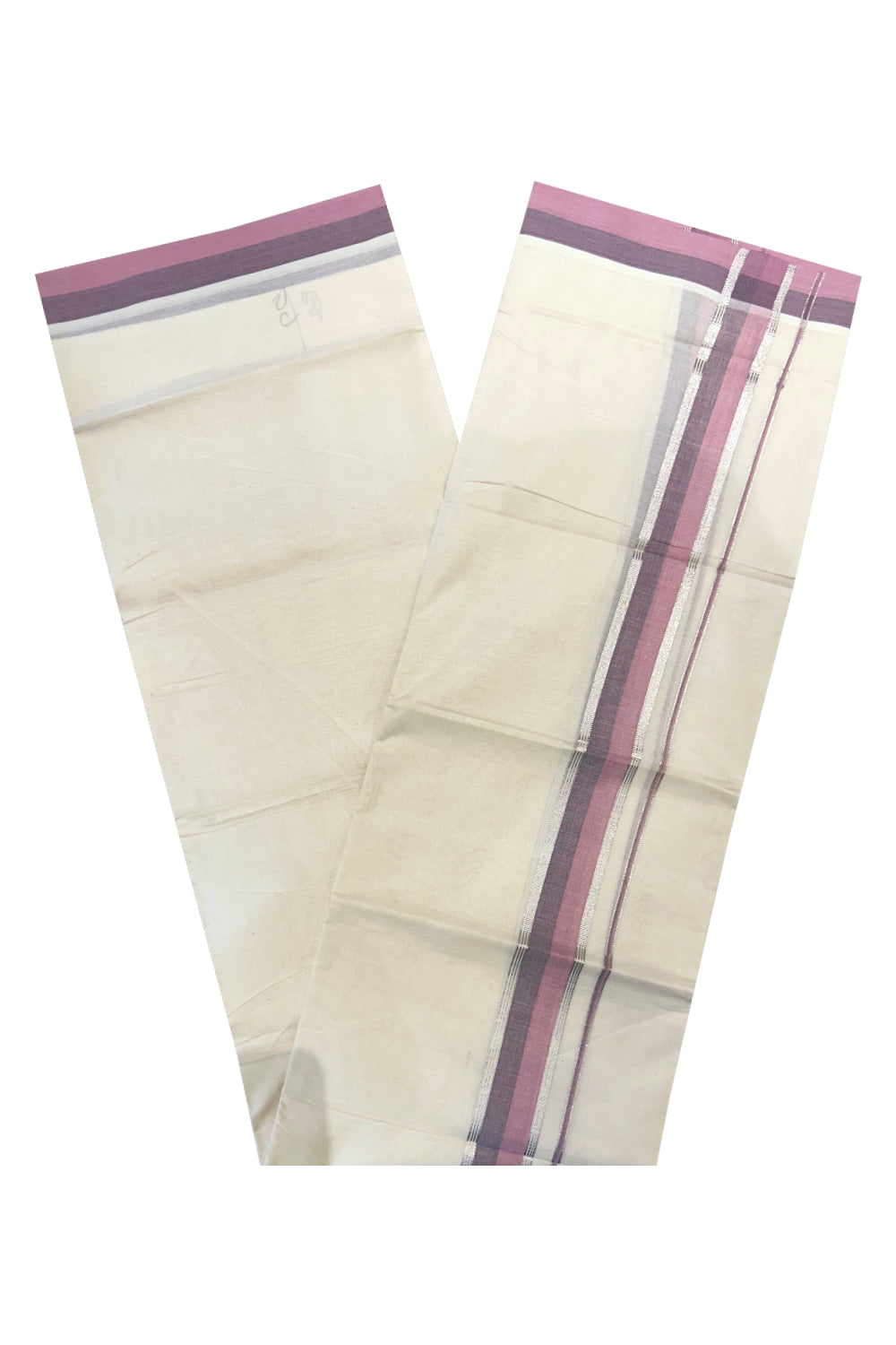 Kerala Pure Cotton Double Mundu with Violet and Silver Kasavu Border (South Indian Kerala Dhoti)