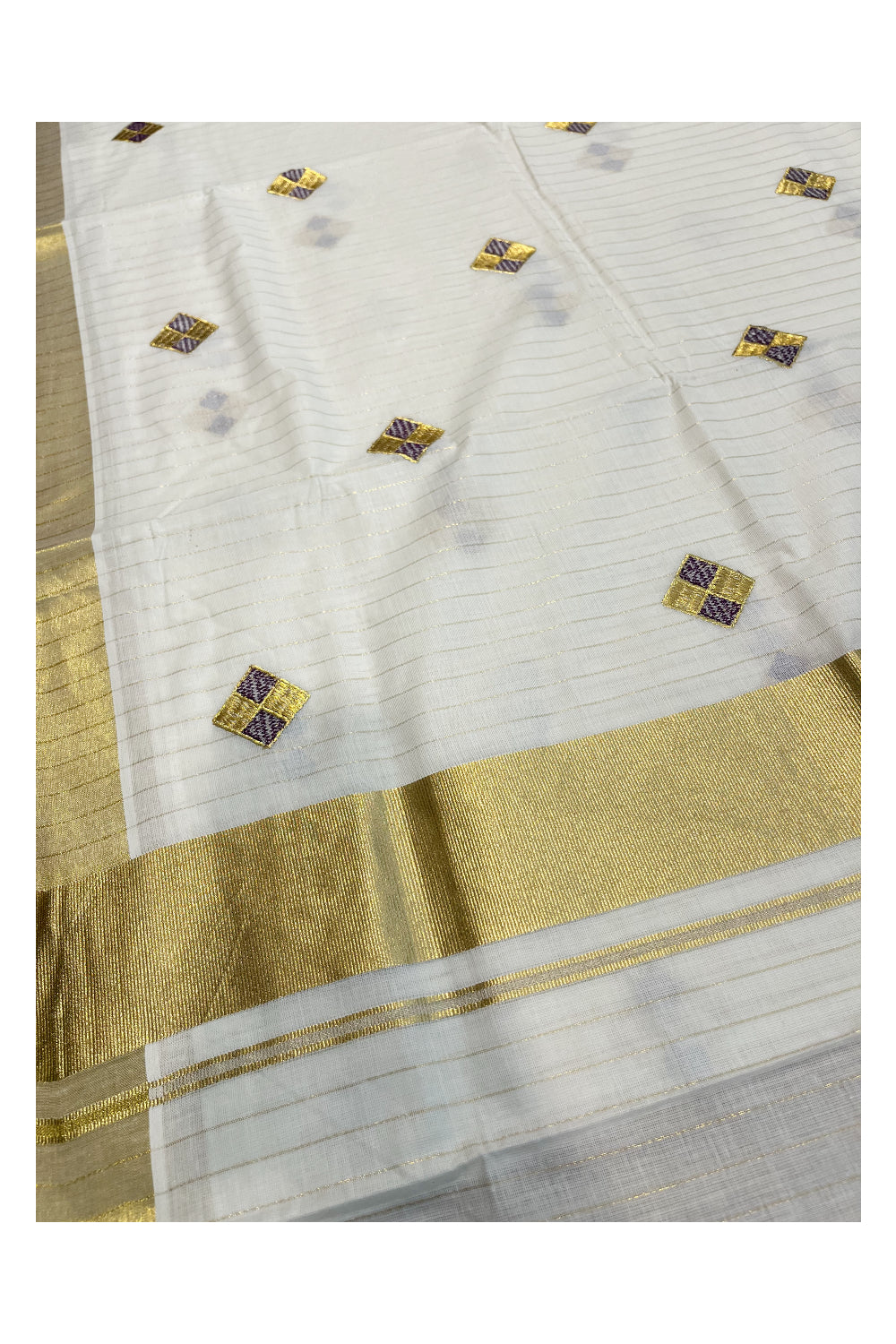 Kerala Cotton Kasavu Lines Saree with Violet and Golden Diagonal Embroidery Work