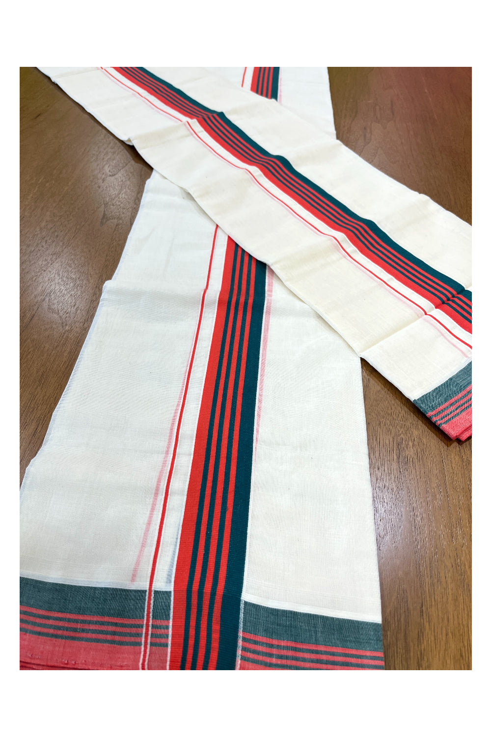 Southloom Premium Handloom Single Set Mundu (Mundum Neruyathum) with Green and Red Border