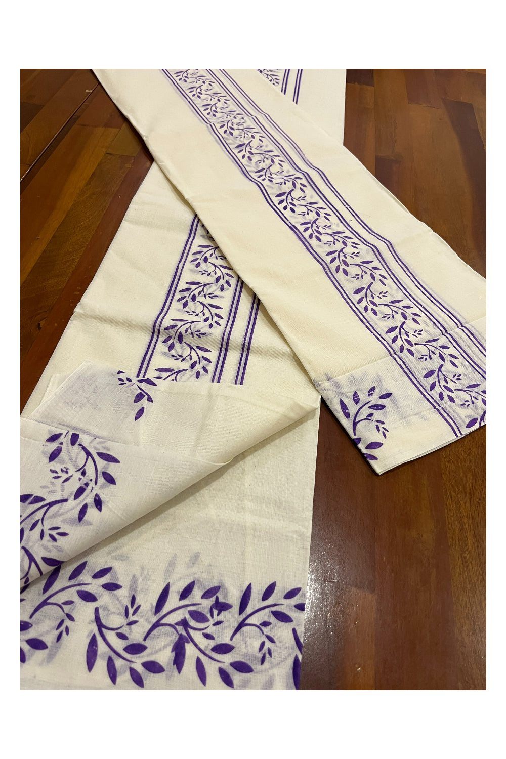 Pure Cotton Kerala Single Set Mundu (Mundum Neriyathum) with Violet Block Prints on Border