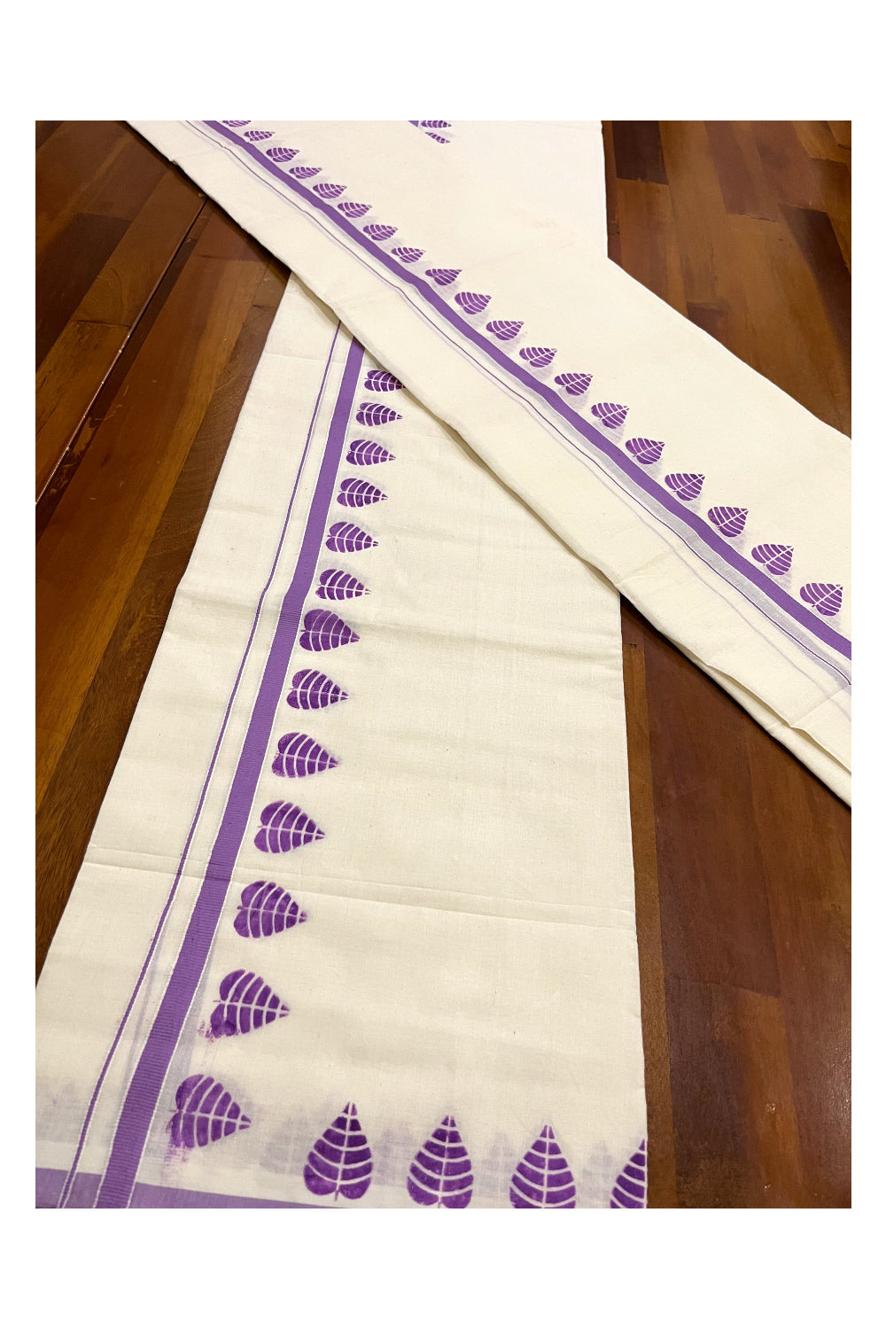 Kerala Cotton Mundum Neriyathum Single (Set Mundu) with Violet Block Prints on Border