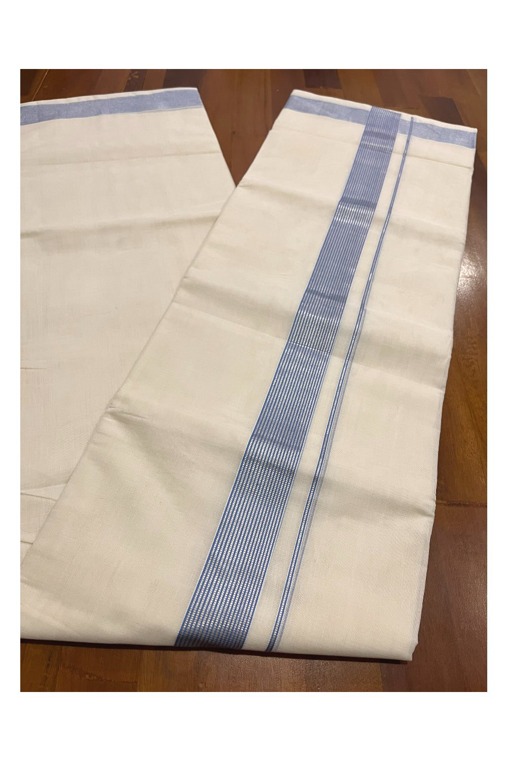 Southloom Premium Handloom Cotton Double Mundu with Silver Kasavu and Blue Lines Border (South Indian Kerala Dhoti)