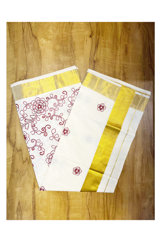 Southloom Kerala Cotton Kasavu Saree with Maroon And White Floral Embroidery Designs