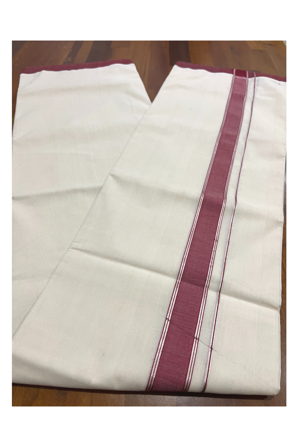 Southloom Premium Balaramapuram Unakkupaavu Handloom Mundu with Maroon and Silver Kasavu Border (South Indian Kerala Dhoti)