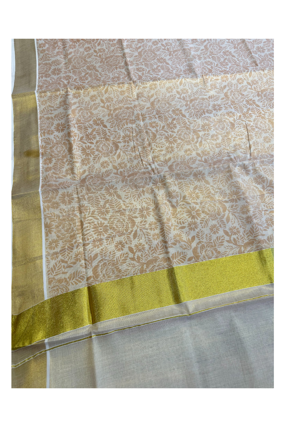 Kerala Tissue Kasavu Saree with Brown Block Printed Designs