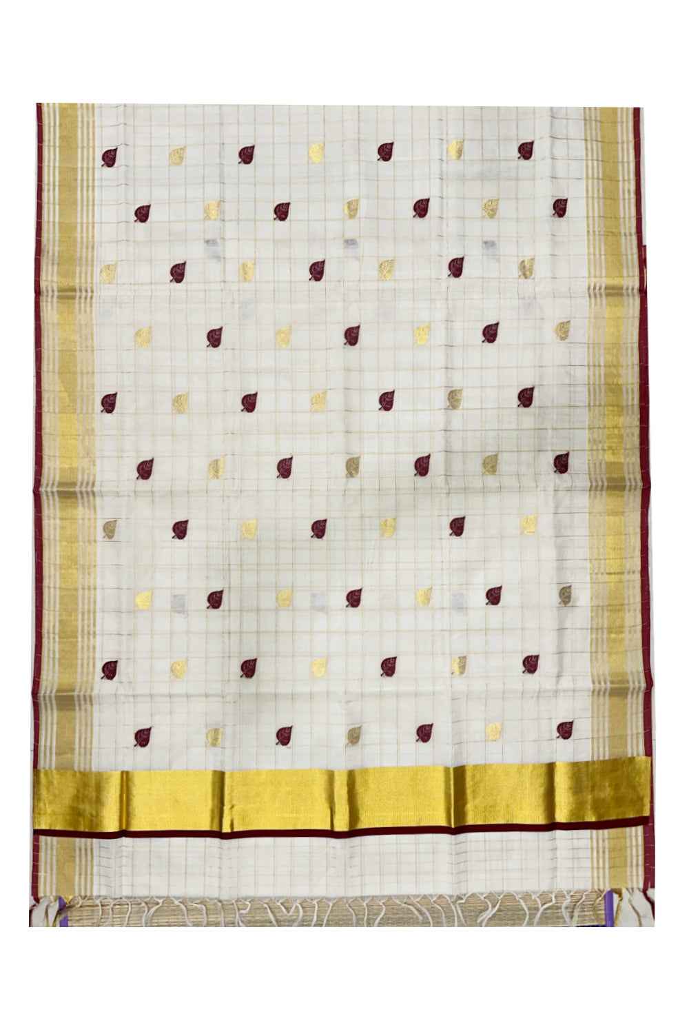 Southloom™ Premium Handloom Kerala Kasavu Check Saree with Golden and Maroon Leaf Woven Designs