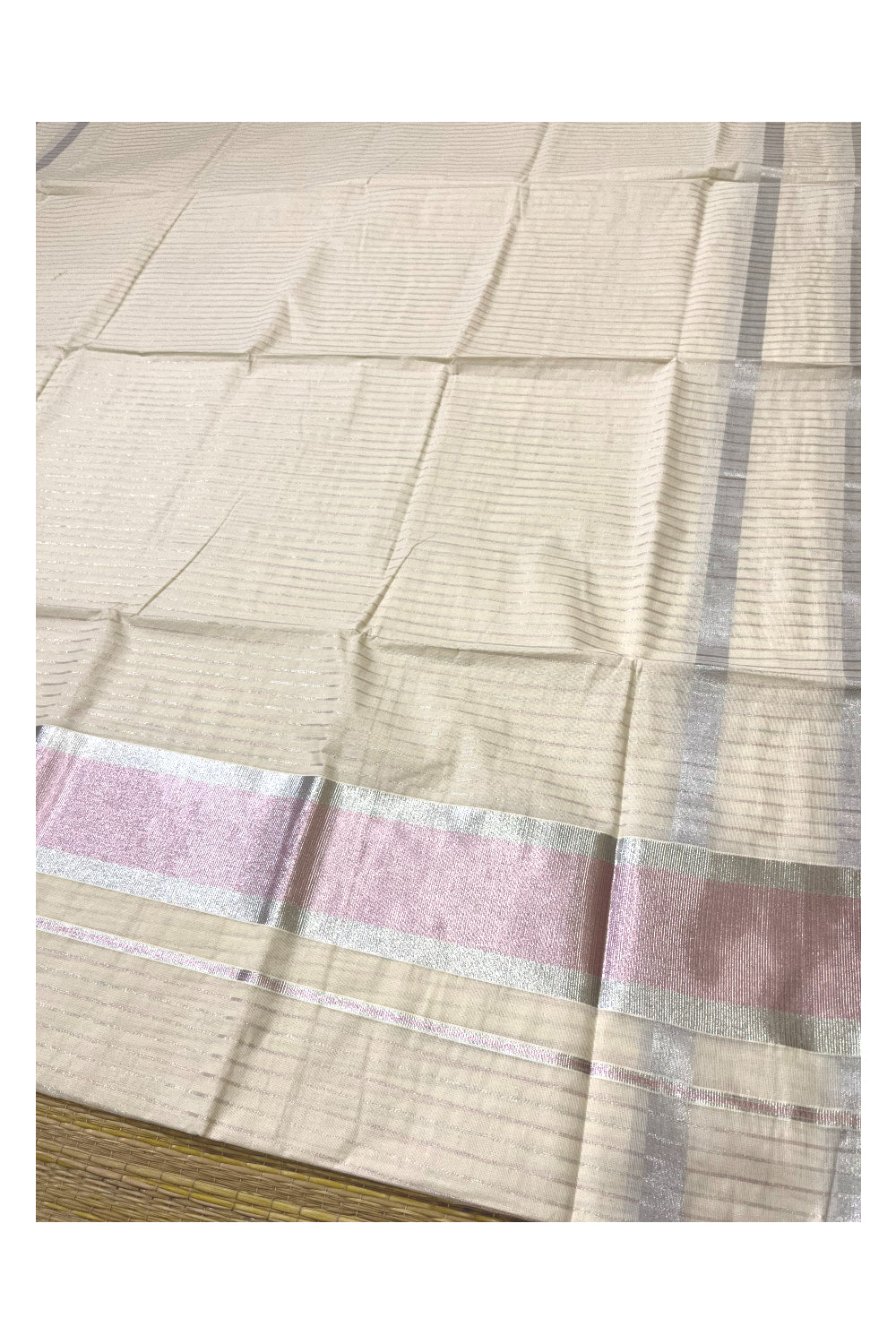 Pure Cotton Kerala Saree with Silver and Light Pink Kasavu Lines Across Body