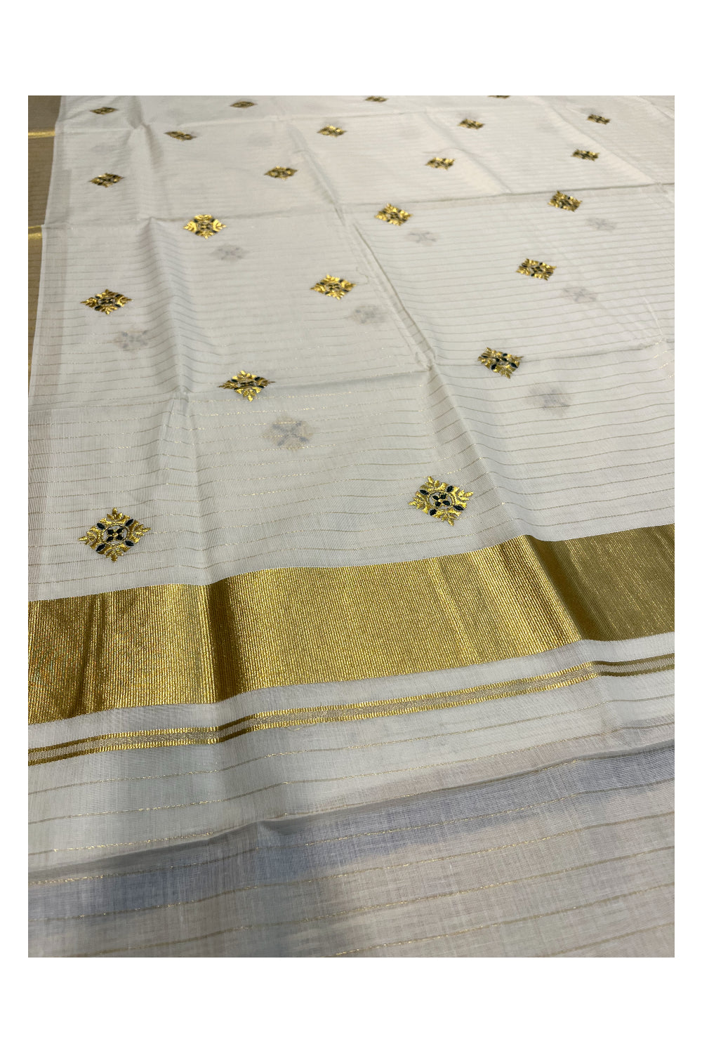 Kerala Cotton Kasavu Stripes Saree with Green Floral Embroidery Design on Body