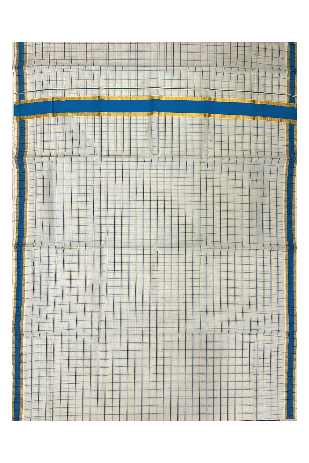 Kerala Woven Check Design Saree with Kasavu and Blue Border (Onam Saree 2023)