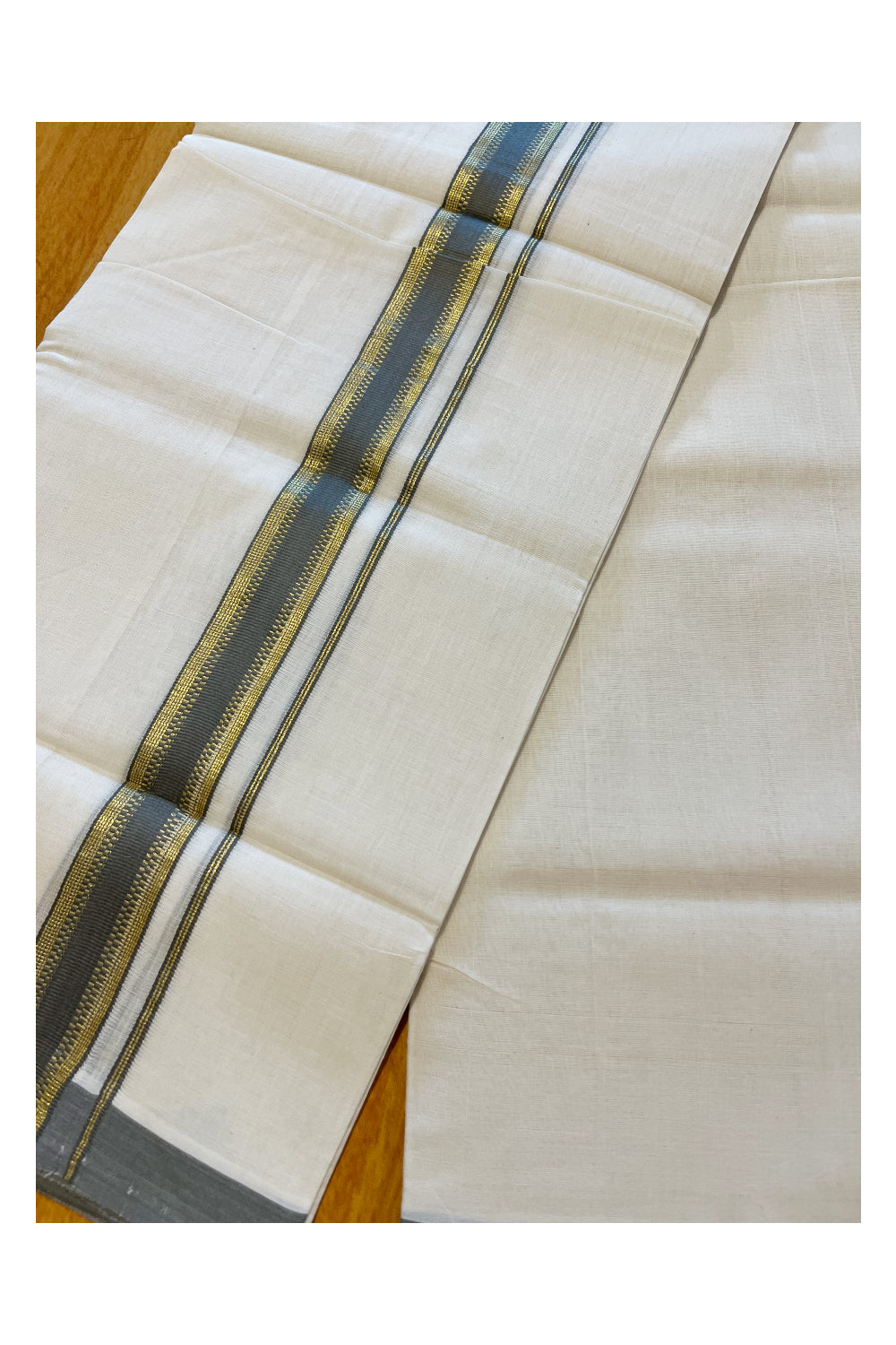 Southloom Premium Handloom Cotton Double Mundu with Kasavu And Grey Border