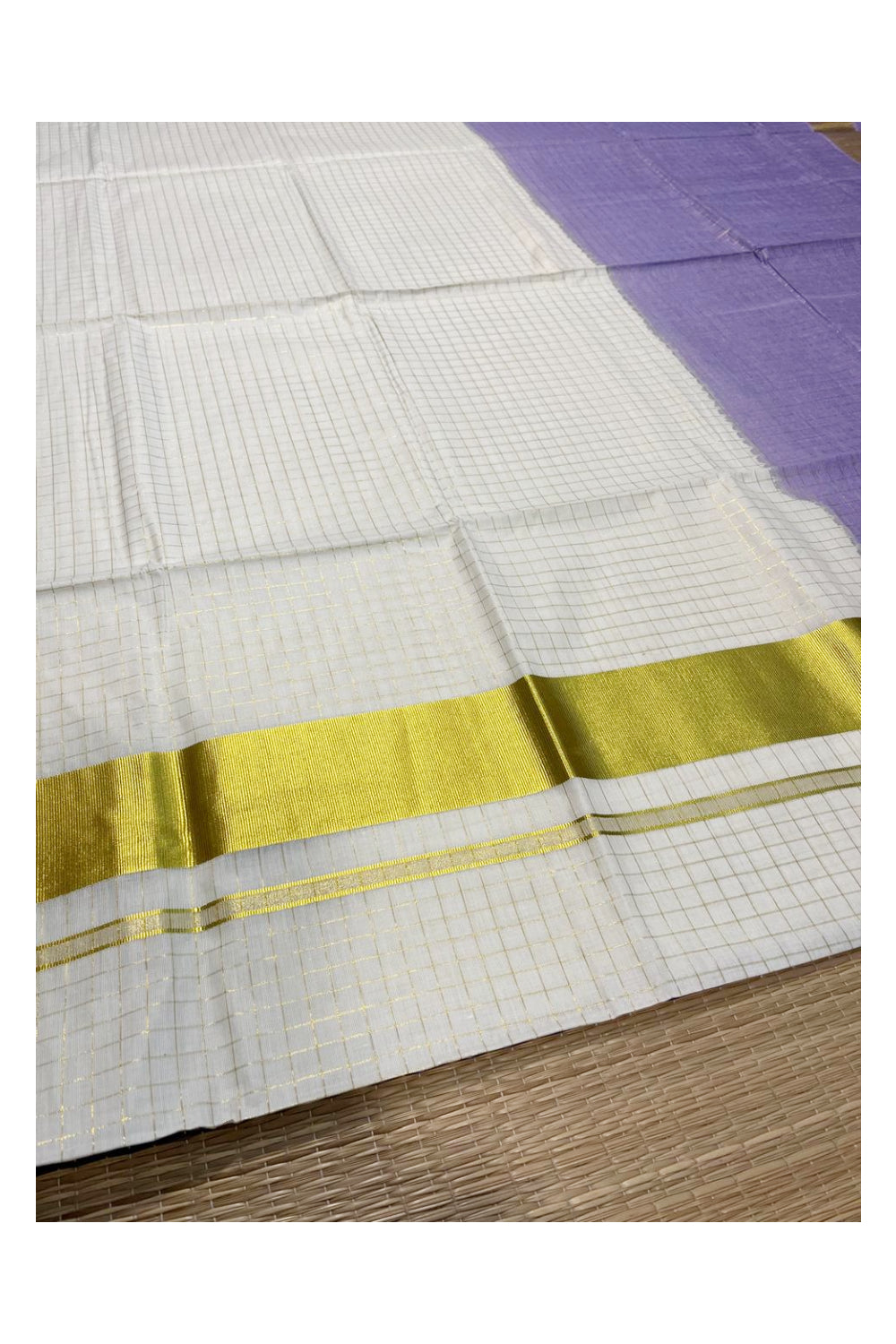 Southloom Cotton Tie & Dye - Half & Half Violet Design Saree with Kasavu Checks Across Body