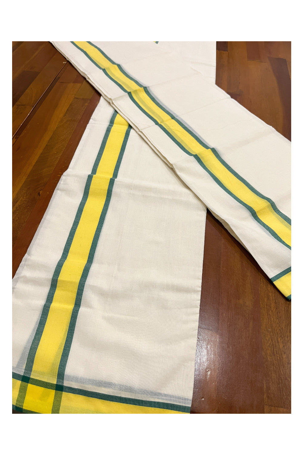 Kerala Cotton Mulloth Single Set Mundu (Mundum Neriyathum) with Yellow and Green Border (Extra Soft Cotton)