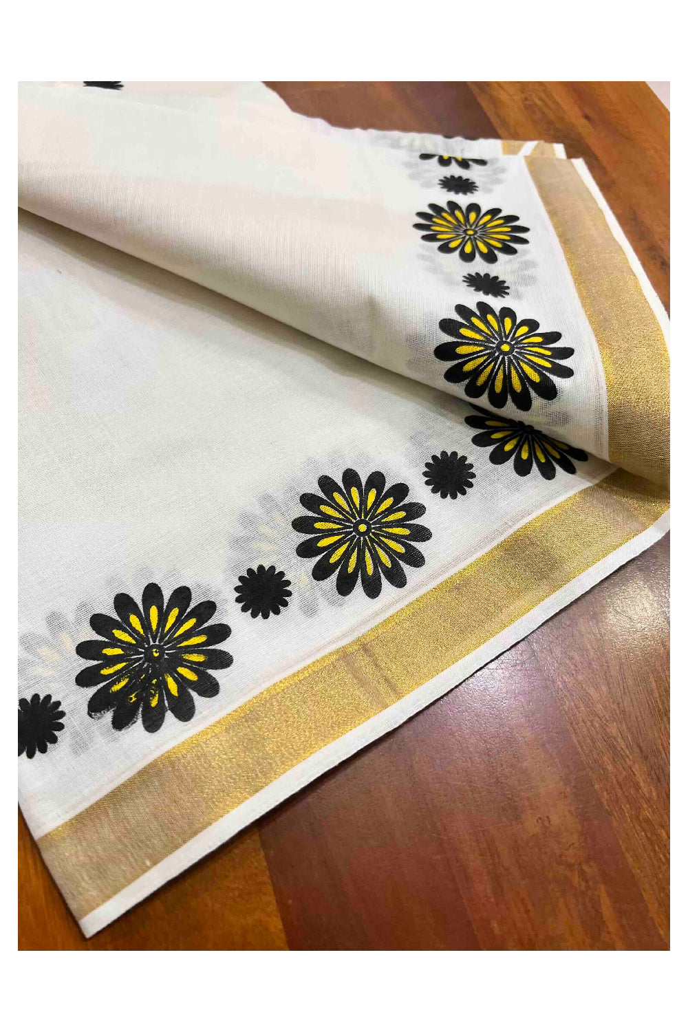 Kerala Cotton Set Mundu (Mundum Neriyathum) with Black Yellow Floral Prints on Kasavu Border