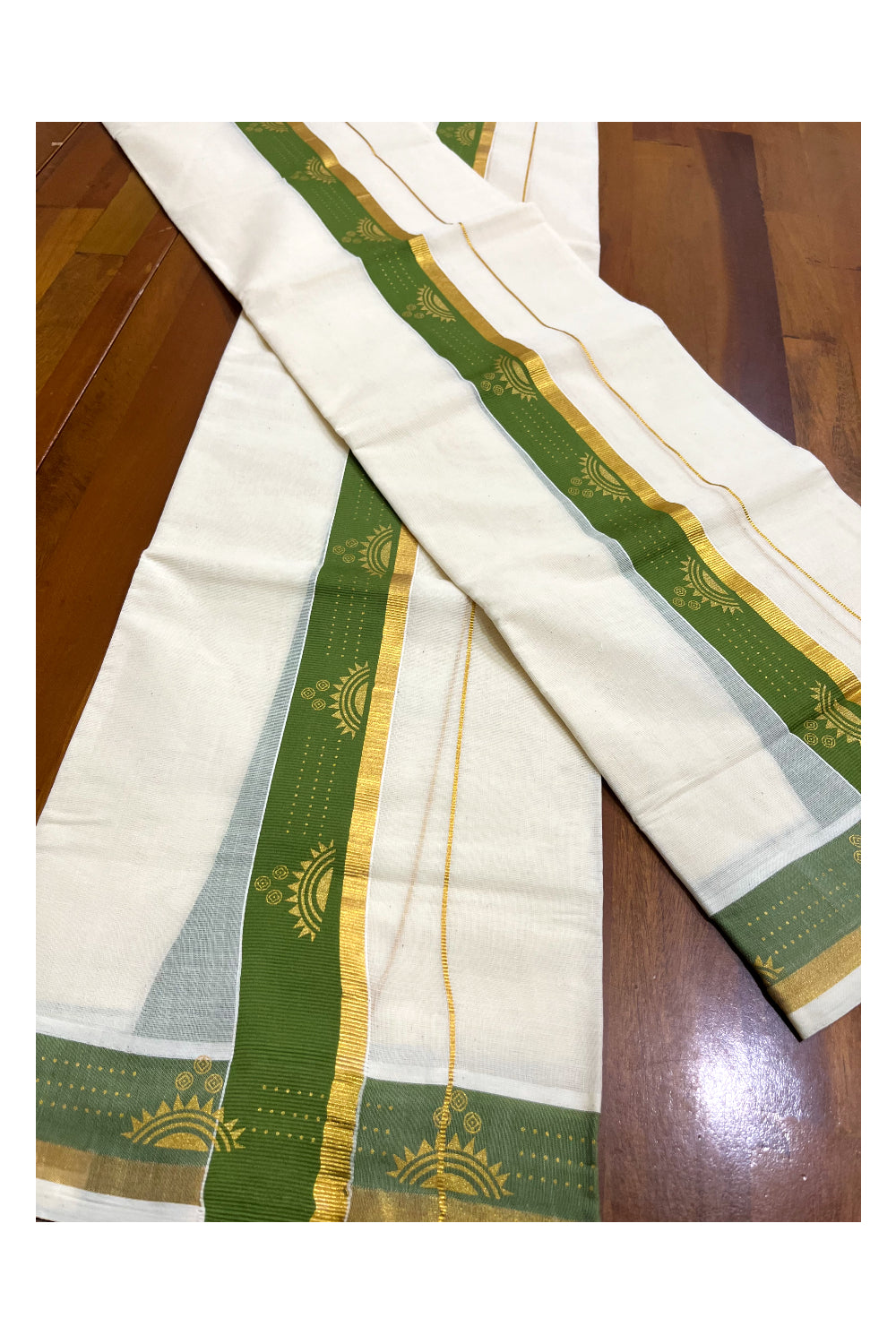 Kerala Pure Cotton Single Set Mundu (Mundum Neriyathum) with Block Prints on Green and Kasav Border