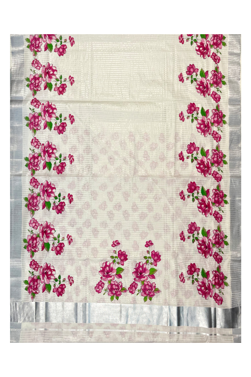 Kerala Pure Cotton Silver Kasavu Lines Saree with Pink Floral Works on Border