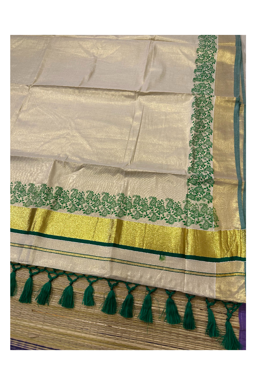 Kerala Tissue Kasavu Saree with Light Green Paisley Block Prints and Tassels Works on Pallu (Onam Saree 2023)