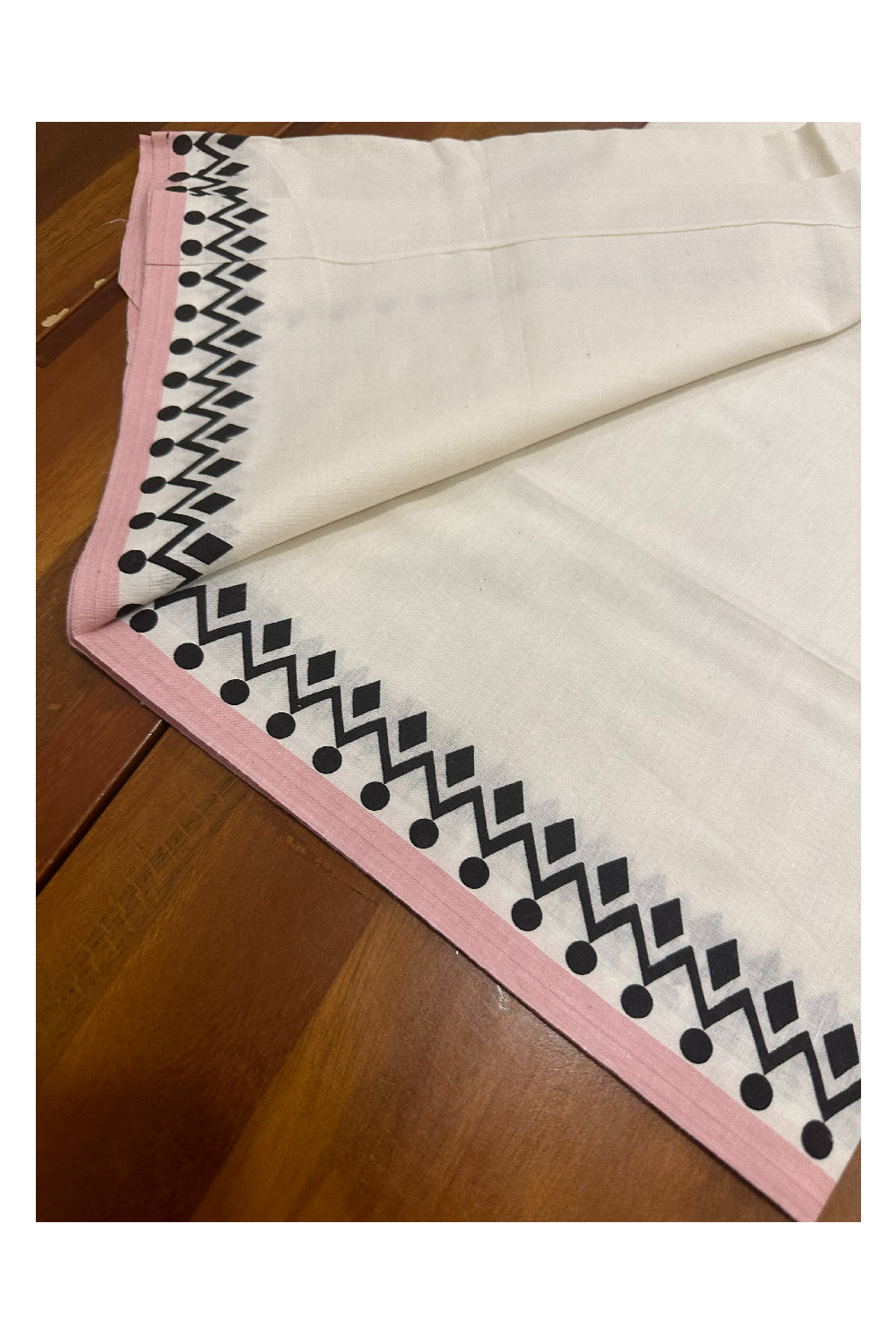 Kerala Cotton Set Mundu (Mundum Neriyathum) with Block Prints on Peach Border (Onam Set Mundu 2023)