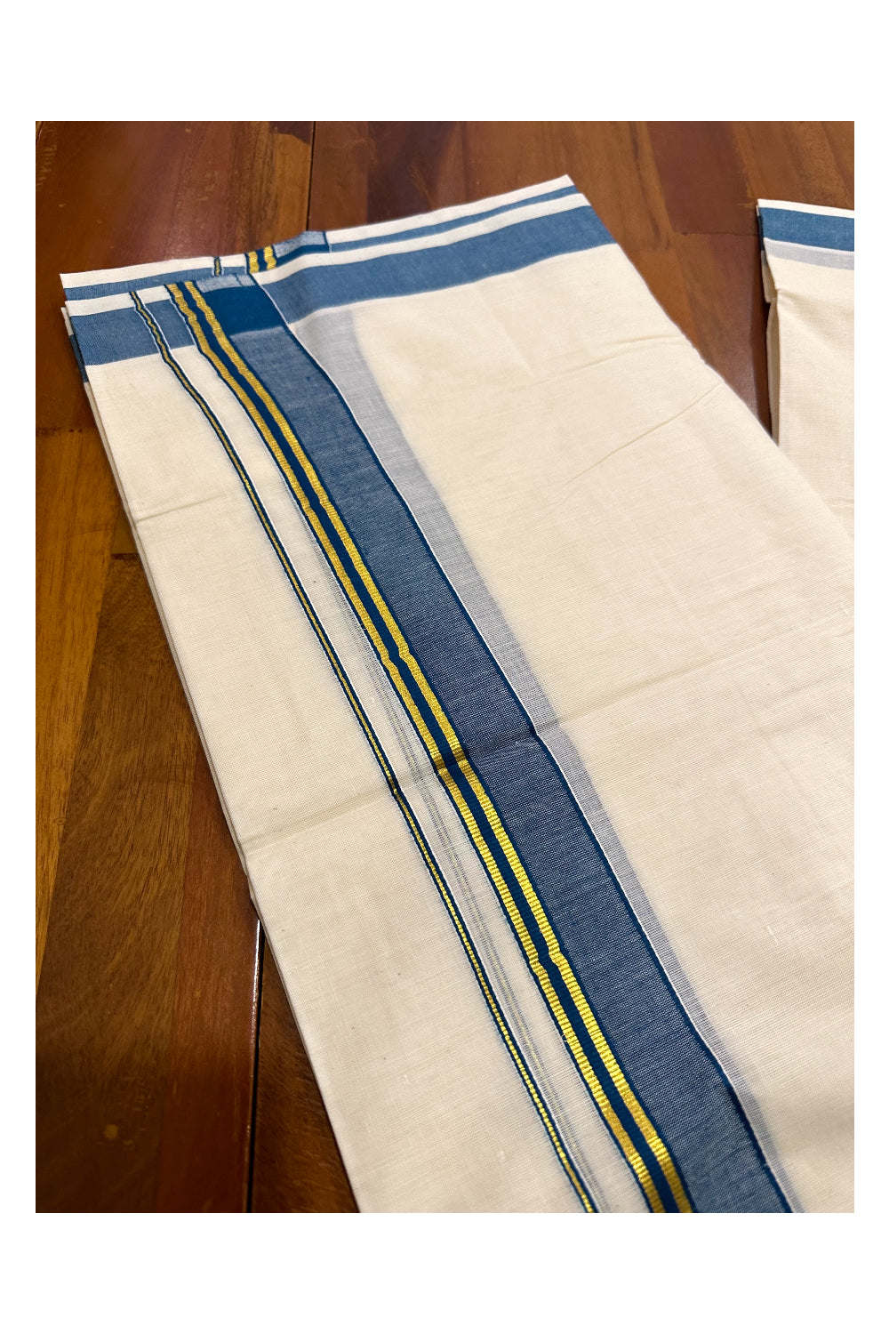 Kerala Cotton Double Mundu with Blue and Kasavu Border (Onam Mundu 2023)