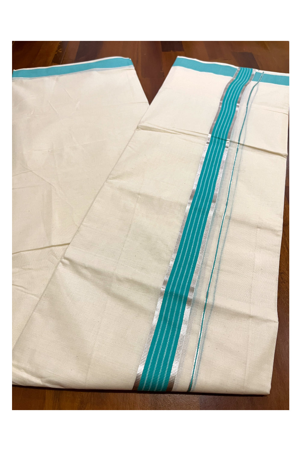 Kerala Cotton Double Mundu with Turquoise and Silver Kasavu Line Border (Onam Mundu 2023)