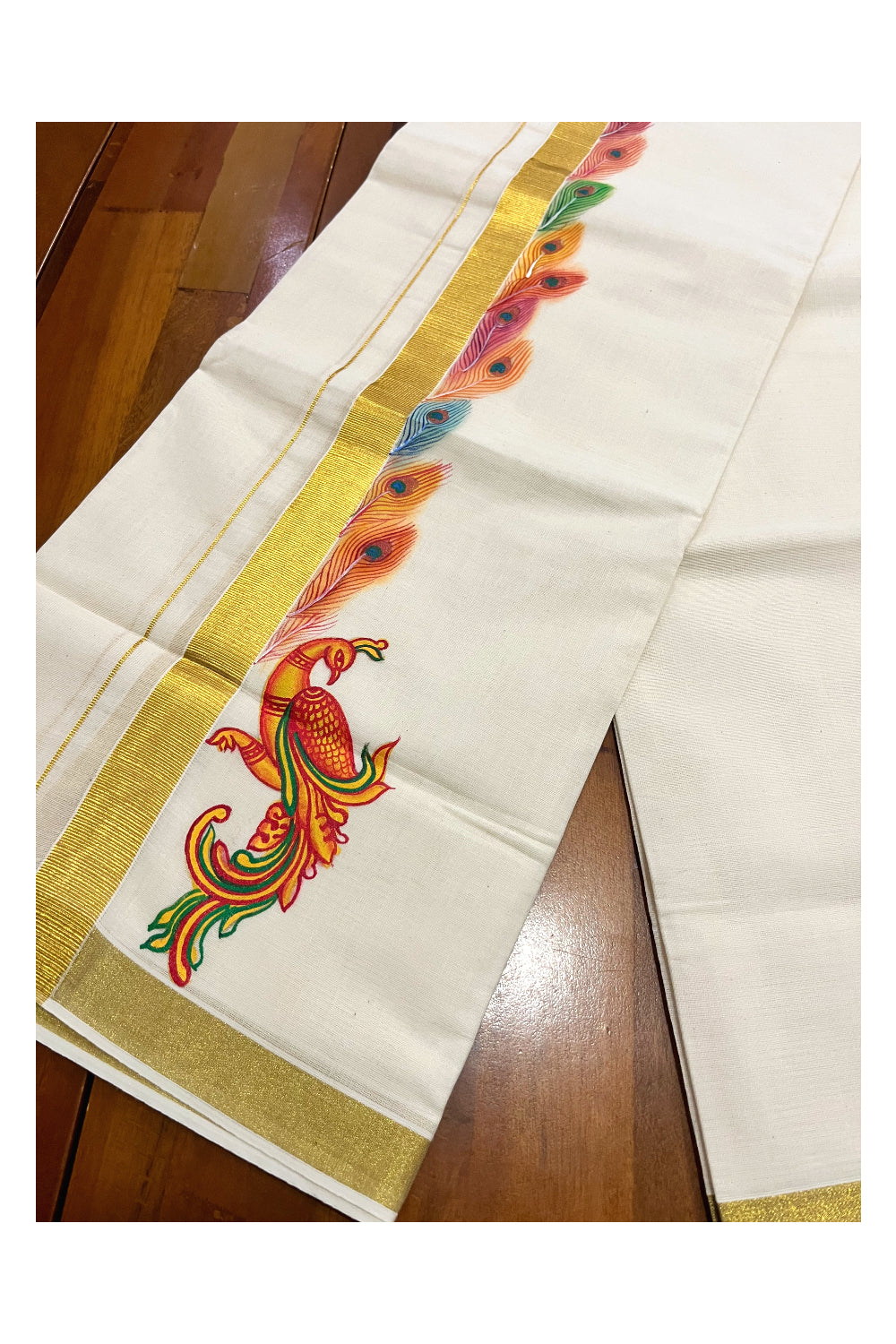 Kerala Pure Cotton Double Mundu with Peacock Mural Painted Design on Kasavu Border (South Indian Kerala Dhoti)