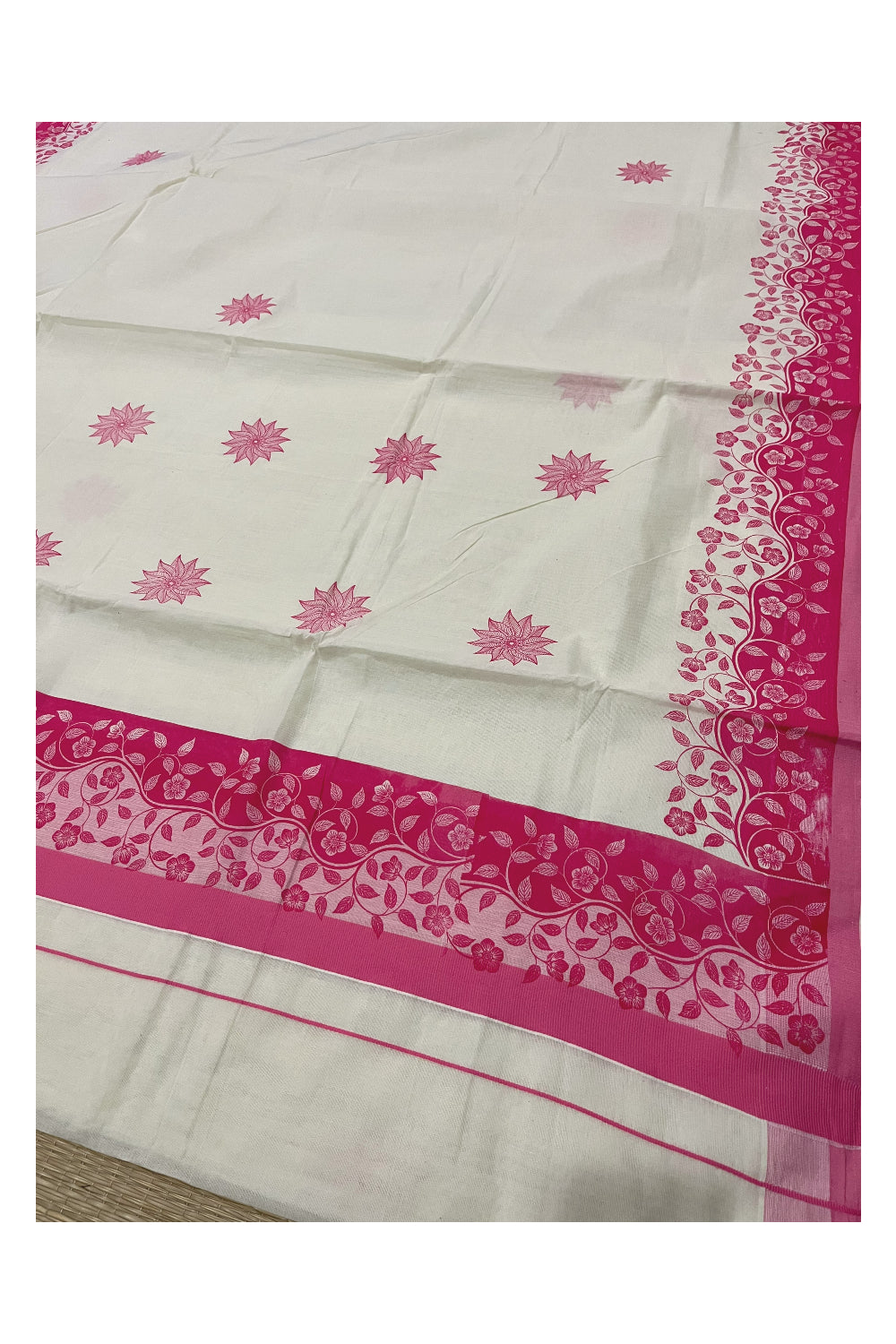 Kerala Cotton Saree with Pink Floral Block Prints on Border