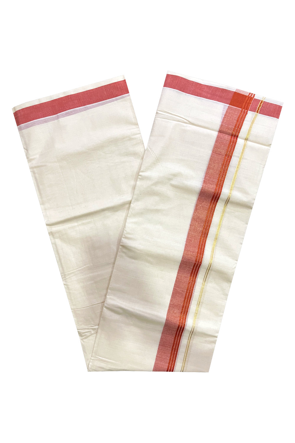 Off White Kerala Cotton Double Mundu with Kasavu and Orange Border (South Indian Kerala Dhoti)