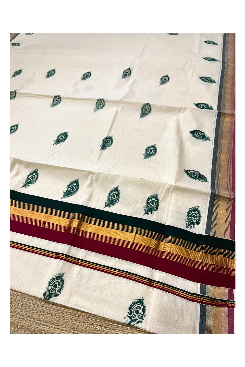 Pure Cotton Kerala Kasavu Saree with Feather Block Printed Maroon Green Border